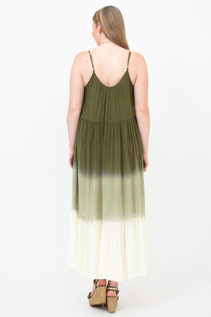 Boho Green Dip Dye Maxi Dress for Women - Flowy Summer Beach Dress for Vacation, Music Festivals & Outdoor Events
