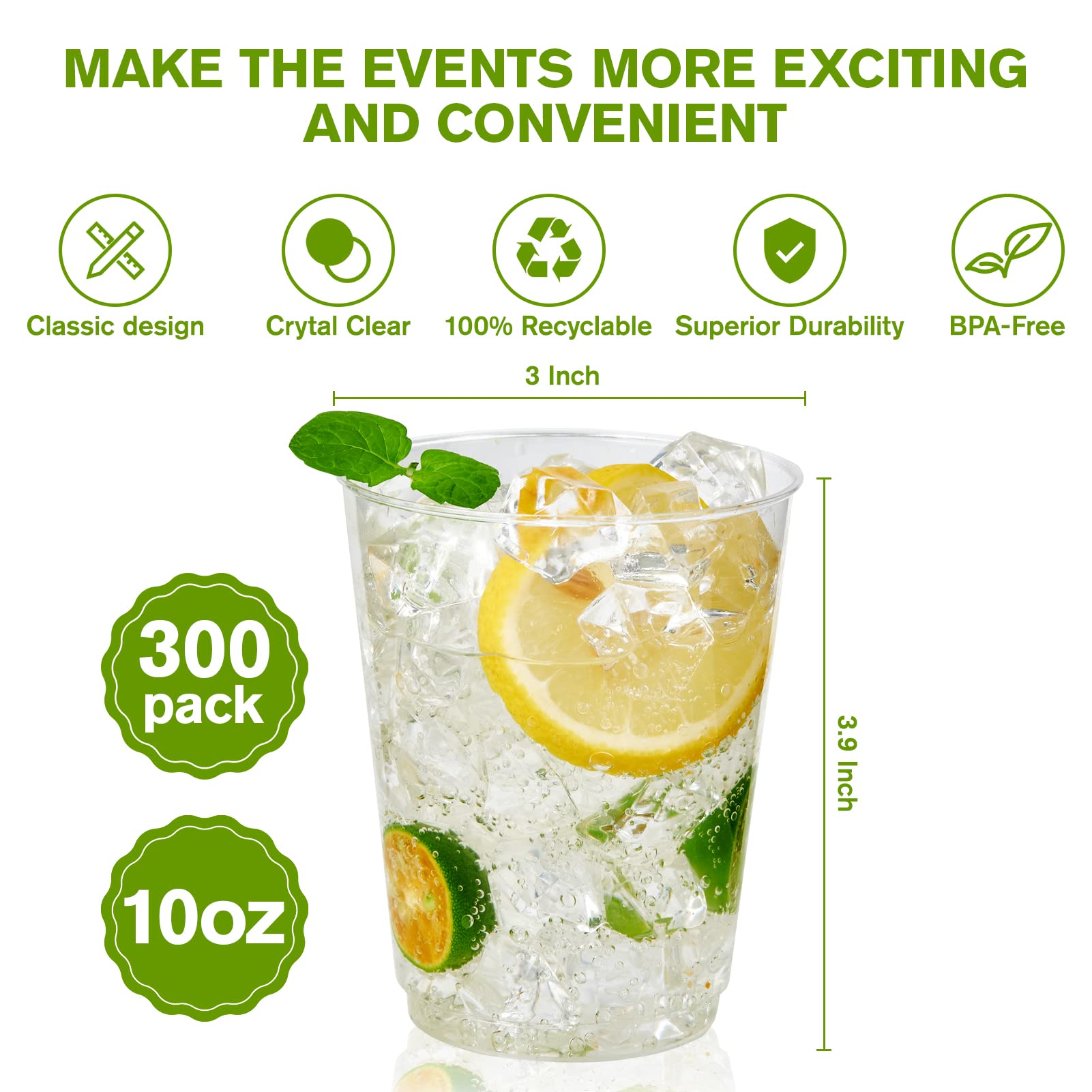 300 Pack 10oz Clear Plastic Cups - Heavy Duty Disposable Drinking Cups for Parties, Weddings, Christmas & Events - Ideal for Home, Office & Outdoor Gatherings