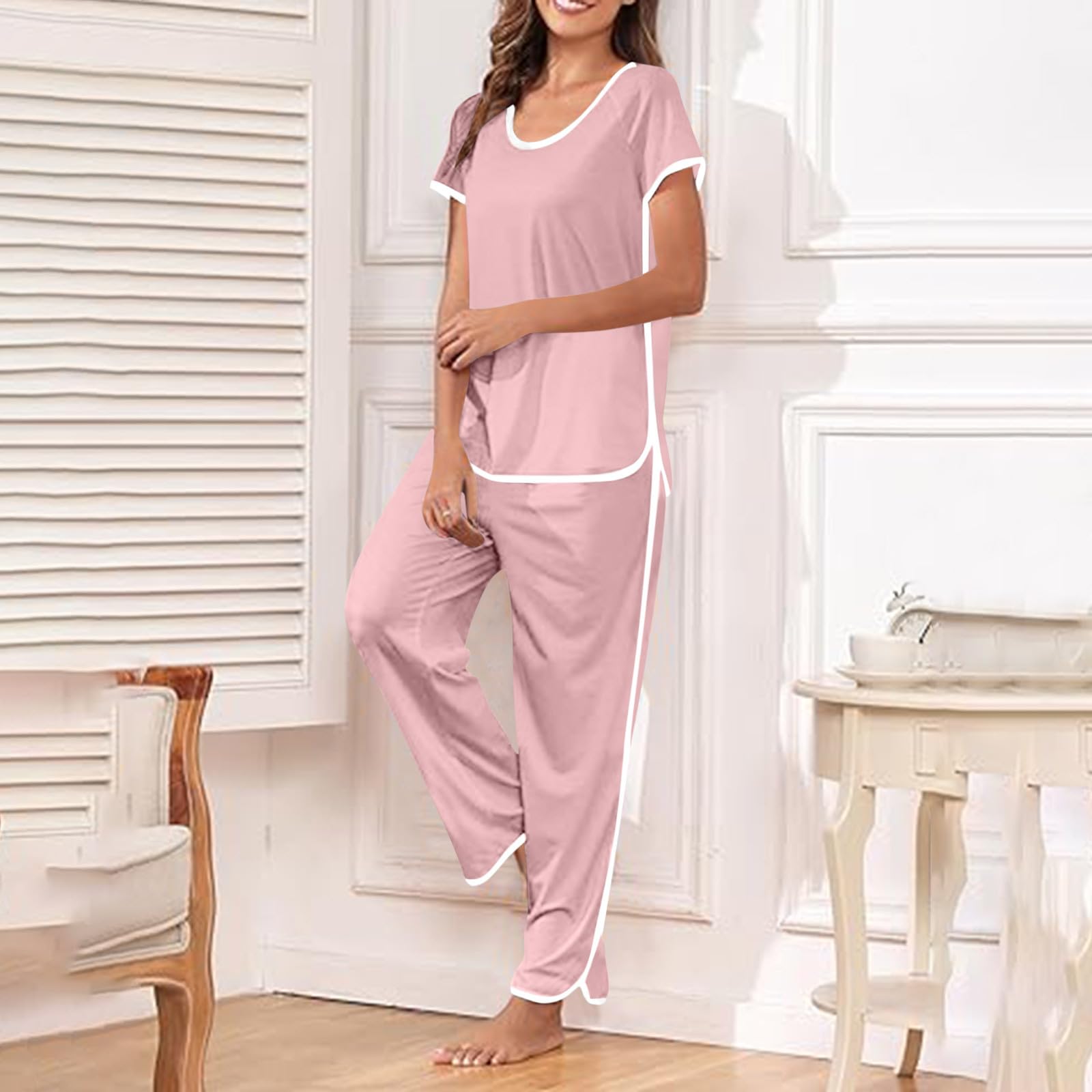 Women's 2-Piece Summer Lounge Set - Soft Short Sleeve Top & Loose Pants Sleepwear Outfit for Casual Wear, Home Relaxation & Vacation Comfort