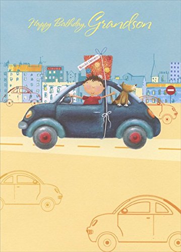 Grandson Birthday Card - Boy and Dog in Blue Car Design - Perfect for Grandson's Birthday, Father's Day & Special Occasions