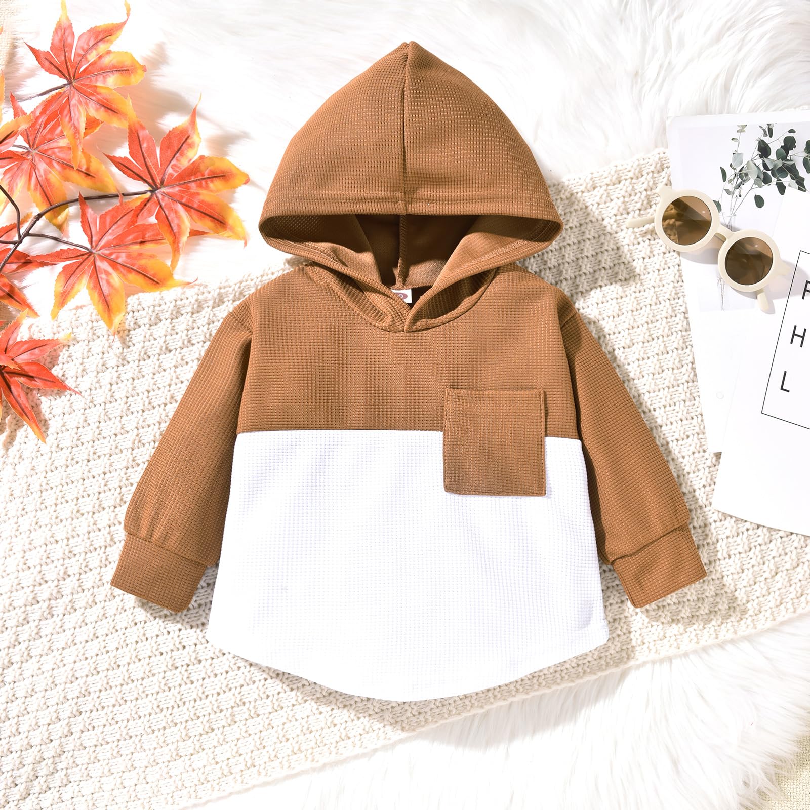 Boys' Fall Winter Waffle Hooded Sweatshirt & Pants Set - Color Block Long Sleeve Outfit for Toddlers | Warm Playdate & Preschool Clothing