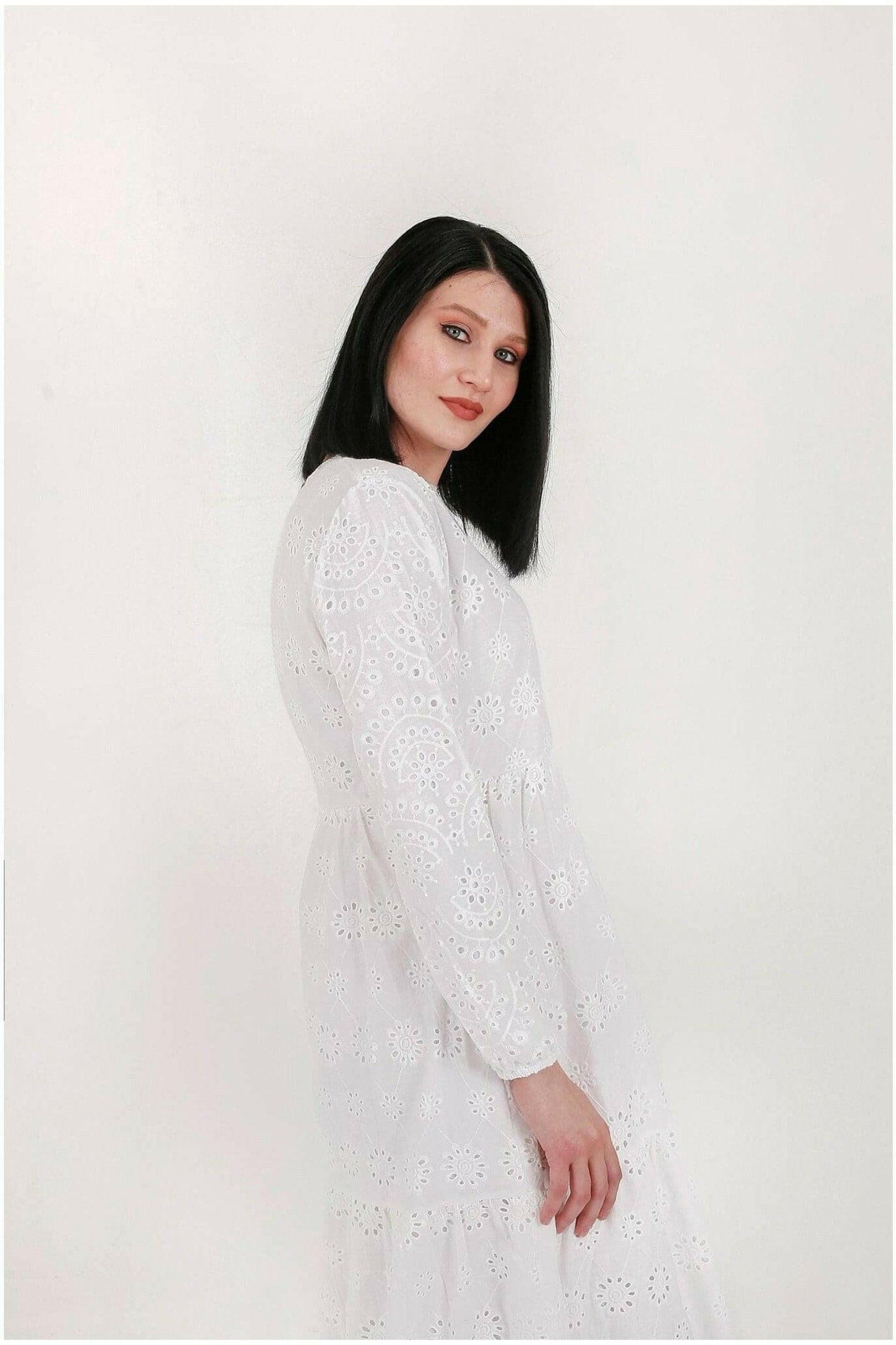 White Cotton Sienna Midi Dress - Women's Casual Summer Dress with Short Sleeves | Perfect for Beach, Vacation, and Everyday Wear