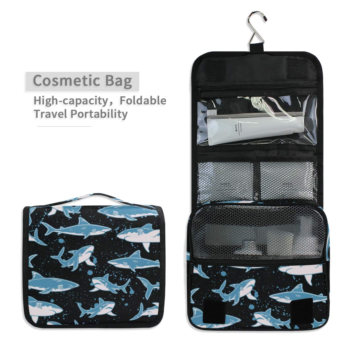 **Senya Hanging Travel Toiletry Bag Kit for Men & Women – Waterproof Cosmetic Organizer with Shark Design – Perfect for Camping, Gym, Business Trips & Vacation**