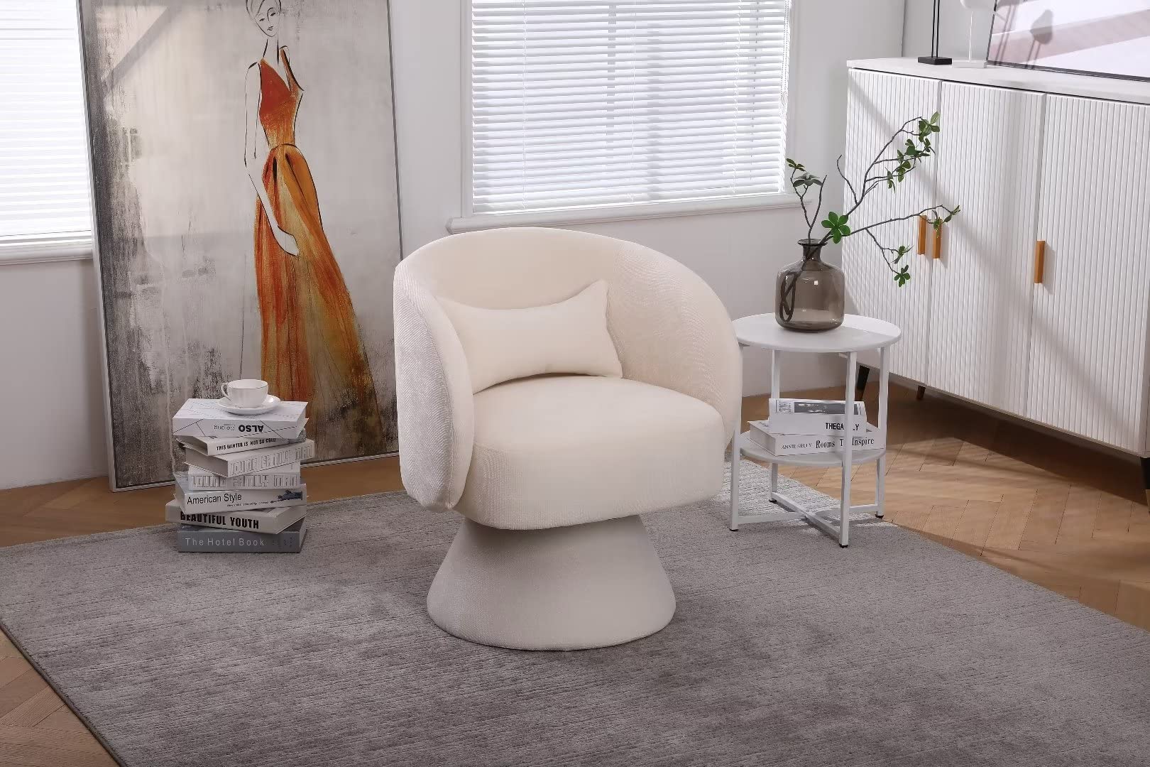 Swivel Barrel Chair - Linen Fabric Accent Chair with Pillow, Single Sofa Chair with Sturdy Backrest & Base, Comfortable Armchair for Living Room, Bedroom, Office - Beige Home Decor for Relaxing & Reading