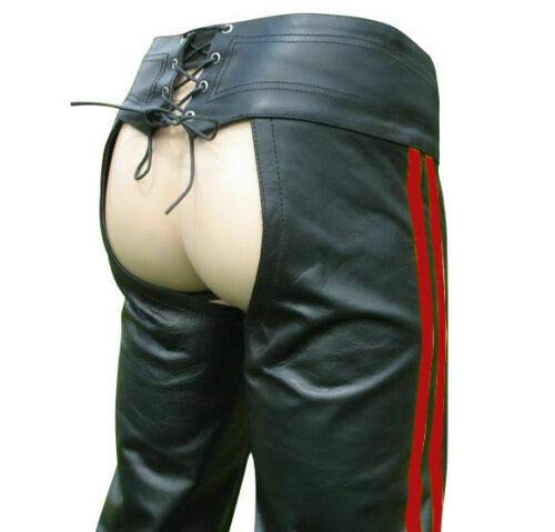 Men's Real Bikers Leather Chaps with Red Stripes - Motorcycle Riding Gear for Harley Davidson & Cruiser Bikes - Perfect for Biker Events, Rallies & Costume Parties