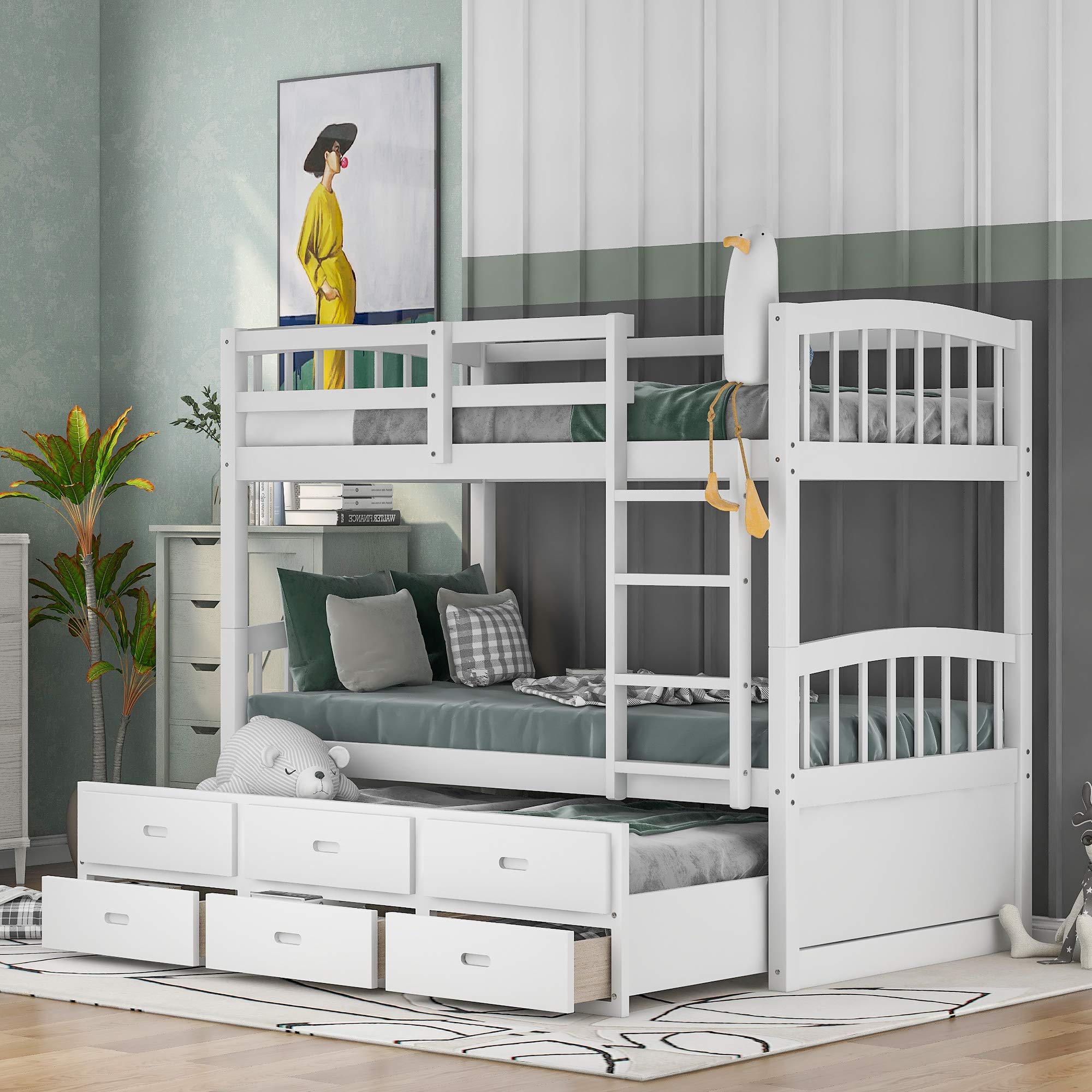 Twin Over Twin Bunk Bed for Kids - Solid Wood Bunk Beds with Trundle, Storage Drawers, 4-Step Ladder & Safety Guardrails - No Box Spring Needed (White + Pine) - Perfect for Small Bedrooms, Guest Rooms & Kids' Shared Spaces