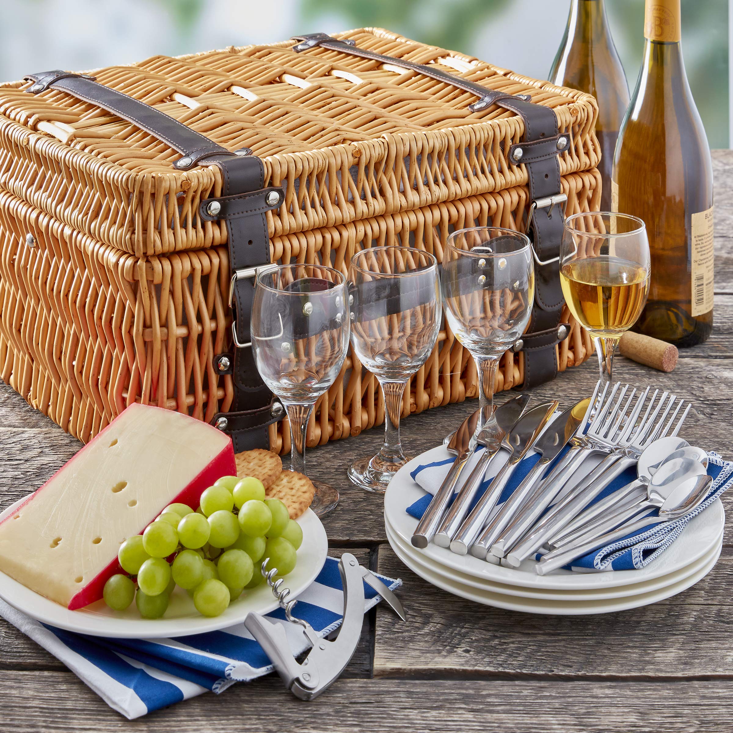 Hoan 5249894 Picnic Basket Set with Utensils & Dinnerware for 4 People - Portable Outdoor Dining Kit for Camping, Beach, Park & Family Gatherings