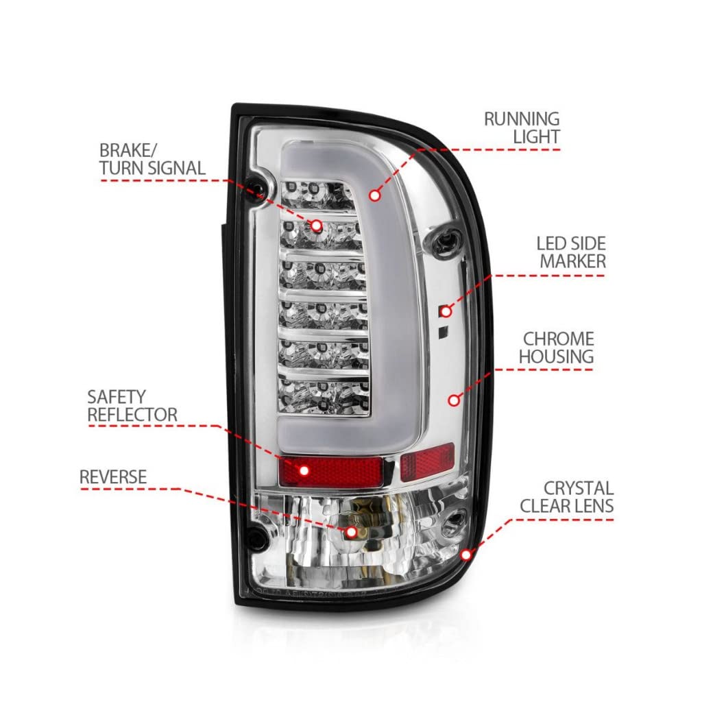 ANZO LED Tail Lights for Toyota Tacoma 1995-2004 - Chrome Housing with Clear Lens (Pair) | Part# 311355 | Upgrade Your Truck's Style & Visibility for Night Driving