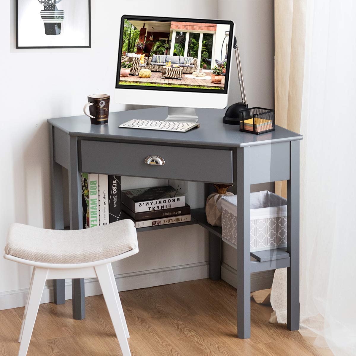 Tangkula Grey Corner Computer Desk with Drawer & Storage Shelves - 90° Triangle Small Space Desk for Home Office, Gaming & Makeup Vanity | Compact Workstation Solution for Apartments & Dorm Rooms