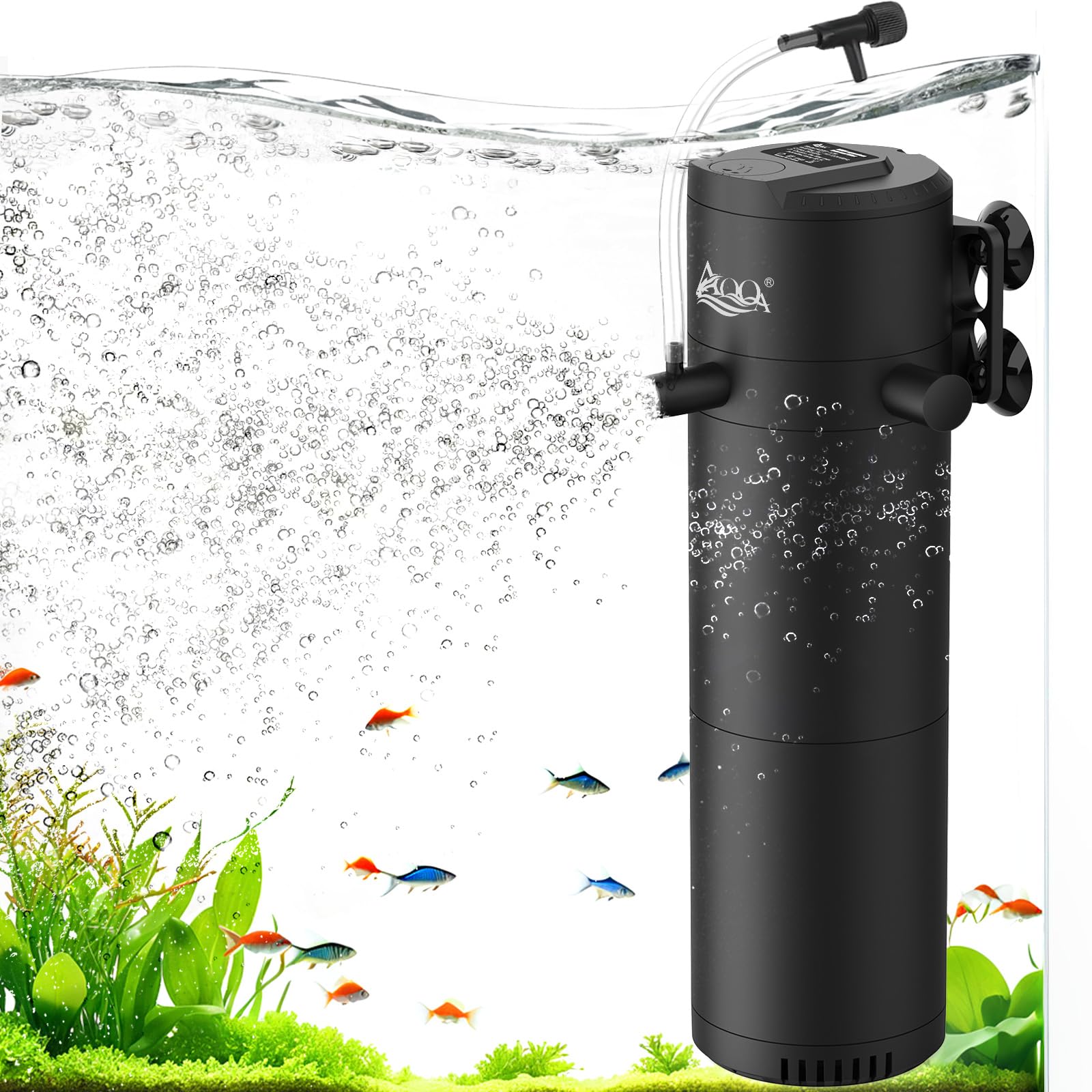 AQQA 200GPH Submersible Aquarium Filter with Dual Water Outlet & Aeration - Adjustable Air Flow for 40-80 Gallon Fish Tanks - Filtration, Oxygenation & Water Circulation Pump (8W) - Perfect for Freshwater & Saltwater Aquariums, Fish Breeding & Aquatic Plant Tanks