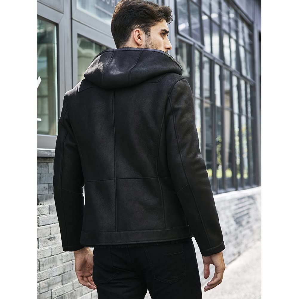 Denny&Dora Men's Shearling Jacket - Black Genuine Leather Coat with Warm Fur Lining | Winter Fashion Outerwear for Casual & Outdoor Activities