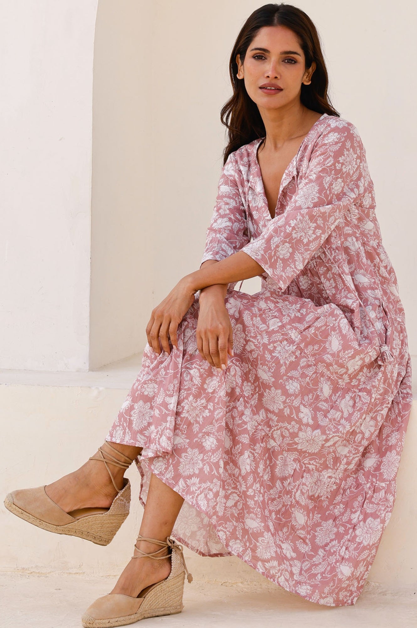 Emma Organic Cotton Dress - Blossom Dusty Pink & White | Flowy Summer Dress for Women | Perfect for Beach, Brunch & Casual Outings
