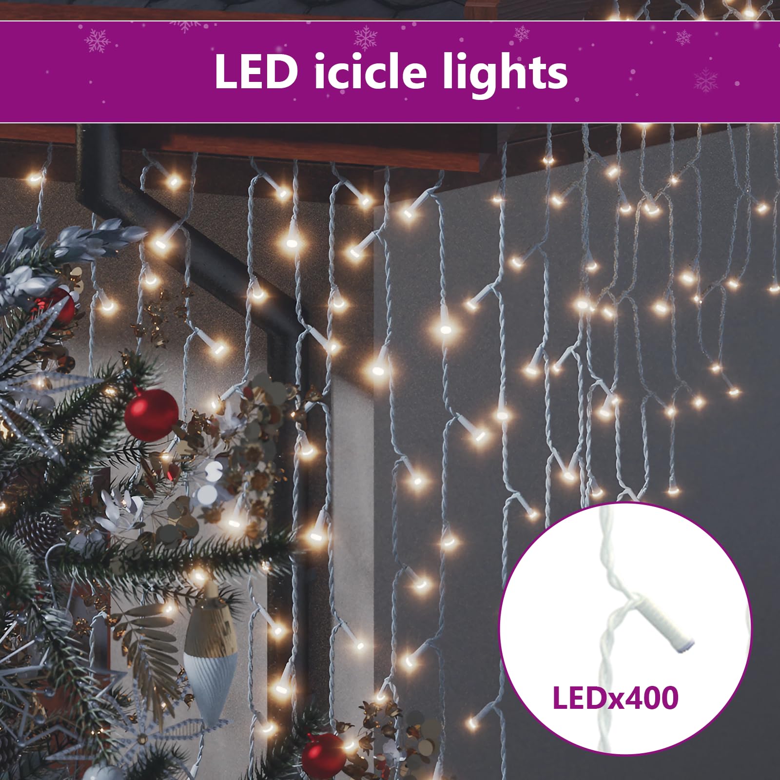 400 LED Icicle Lights 33 ft Warm White - 8 Modes Fairy String Lights for Christmas Wedding Party Decor - Indoor Outdoor Waterproof Holiday Lighting for Home Garden Patio Tree Decoration