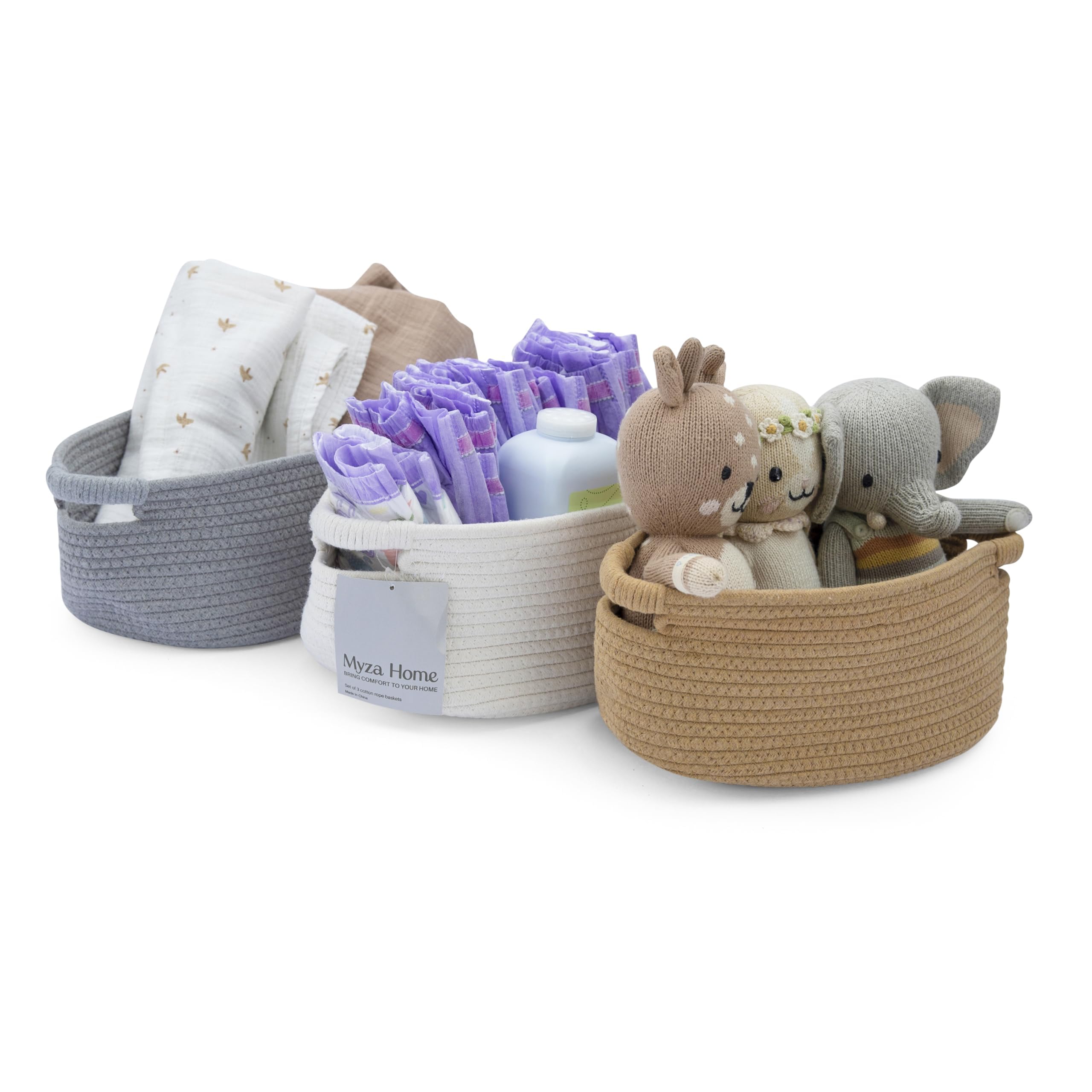 3-Pack Woven Storage Baskets with Handles - Medium Cotton Rope Wicker Bins for Blankets, Toys & Home Organization | Perfect for Living Room Shelves, Bedroom Closets & Nursery Storage