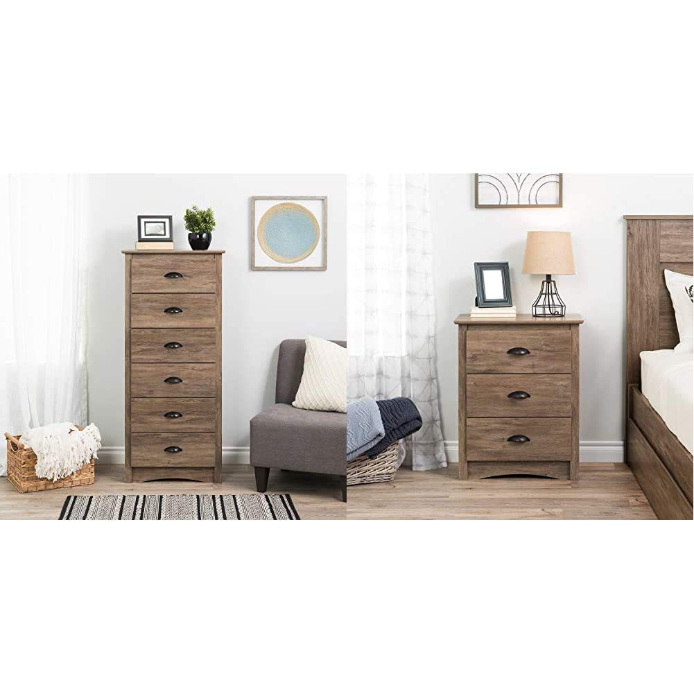 Prepac Salt Spring 6-Drawer Tall Chest & 3-Drawer Nightstand Set in Drifted Gray - Modern Bedroom Storage Furniture for Master Bedroom, Guest Room, or Dorm Organization