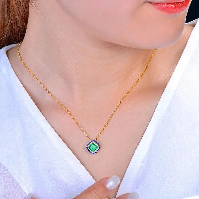 Antique Emerald Pendant with Natural Diamond & Sapphire Accents - 14K Solid Yellow Gold Necklace for Women | Elegant Jewelry Gift for Anniversary, Birthday & Special Occasions