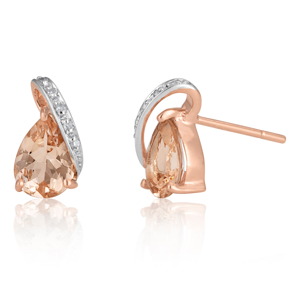 9ct Rose Gold Morganite Diamond Stud Earrings for Women - Elegant Wedding, Anniversary & Party Jewelry Gift