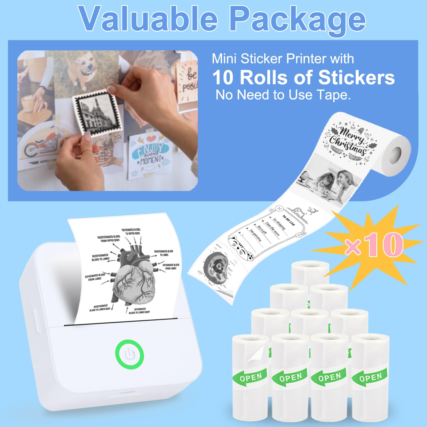 Mini Sticker Printer - Portable Inkless Thermal Sticker Maker Machine with 10 Sticker Paper Rolls for Labels, Notes & DIY Crafts | Compatible with Phone & Tablet | Perfect for Scrapbooking, Journaling & Home Organization (White)