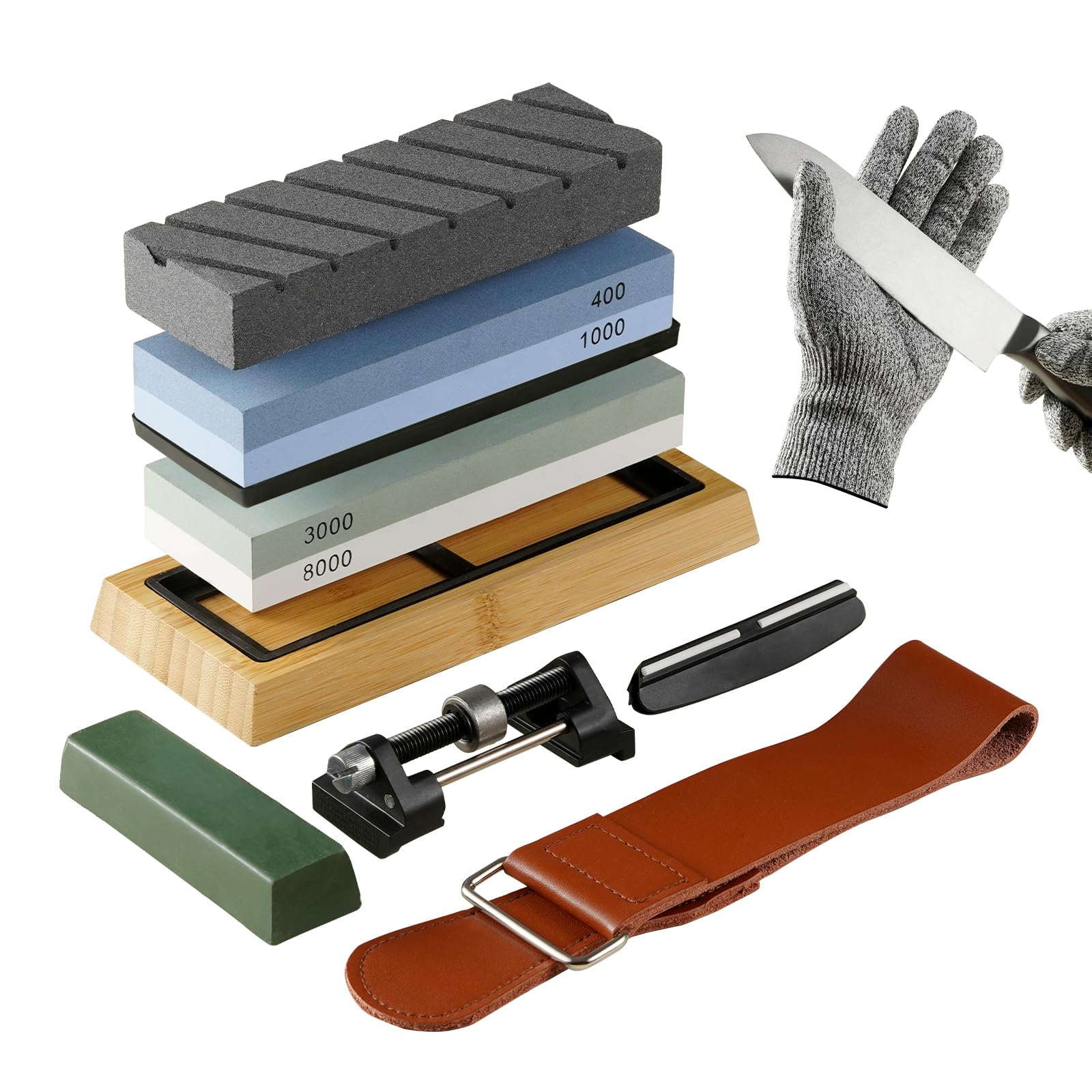 VEVOR Professional Knife Sharpening Kit - Dual-Sided 400/1000 & 3000/8000 Grit Whetstones with Non-Slip Base, Angle Guide & Flattening Stone - Perfect for Kitchen Knives, Hunting & Pocket Knives - Complete 10-Piece Sharpener Set for Home & Professional Use