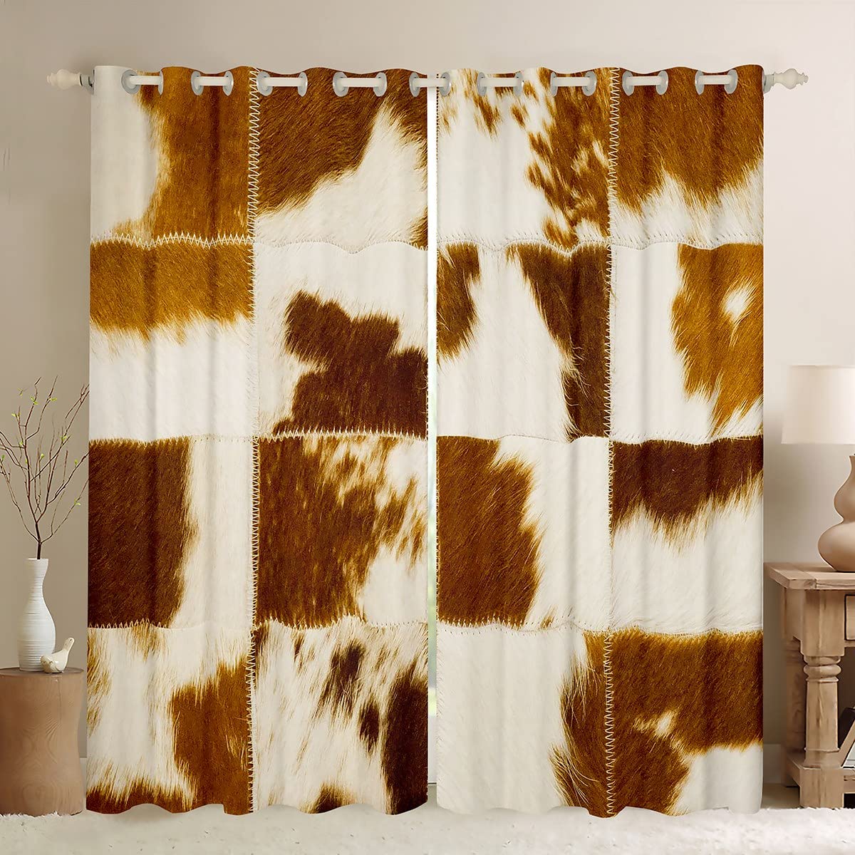 Brown Cow Print Window Curtains 2 Panels 52x96 Inches - Western Cowhide Patchwork Drapes for Farmhouse & Rustic Decor | Farm Animal Themed Window Treatments for Kids, Boys, Girls & Adults | Perfect for Bedroom, Nursery, Living Room & Cowboy Themed Rooms