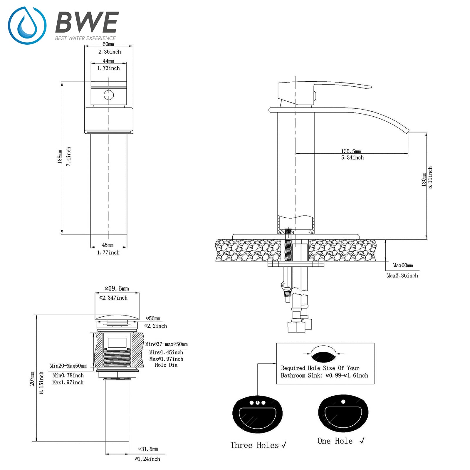 BWE Brushed Nickel Waterfall Bathroom Faucet - Single Handle Vanity Sink for Modern Bathrooms