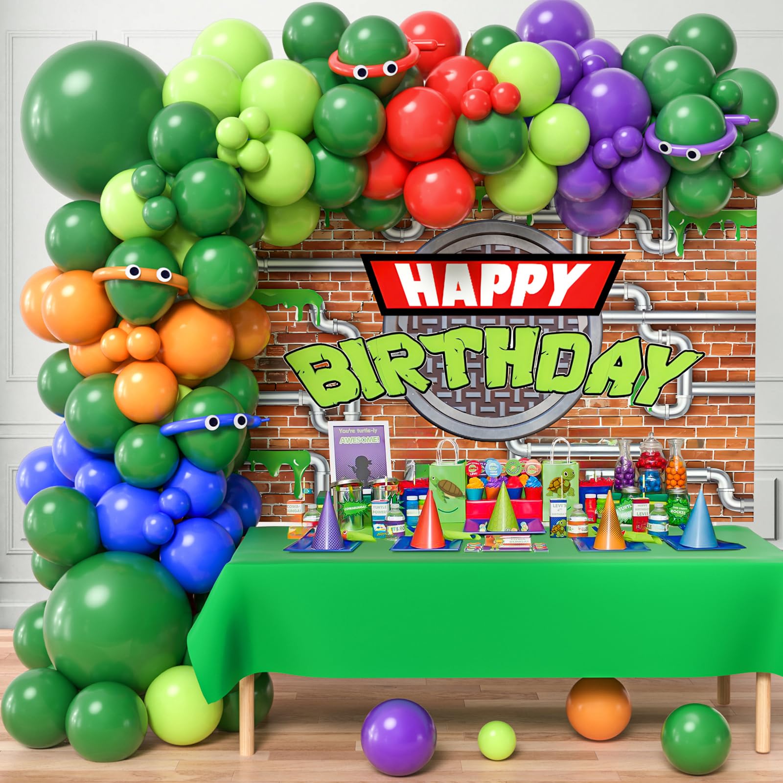 153Pcs Green Turtle Birthday Party Decorations Kit - Balloon Arch, Backdrop, Tablecloth, Googly Eye Balloons for Kids & Teens - Perfect for Girls & Boys Video Game Cartoon Themed Parties - Great for Indoor & Outdoor Birthday Celebrations, Baby Showers & Family Events