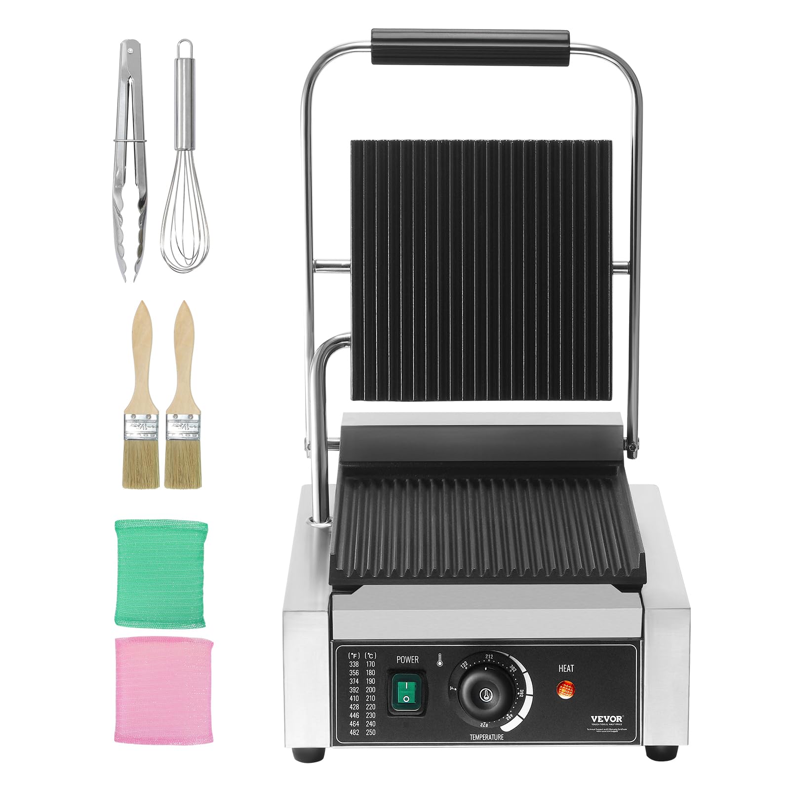 VEVOR 1800W Commercial Panini Grill Press - Electric Sandwich Maker with Stainless Steel Body, Temperature Control & 9