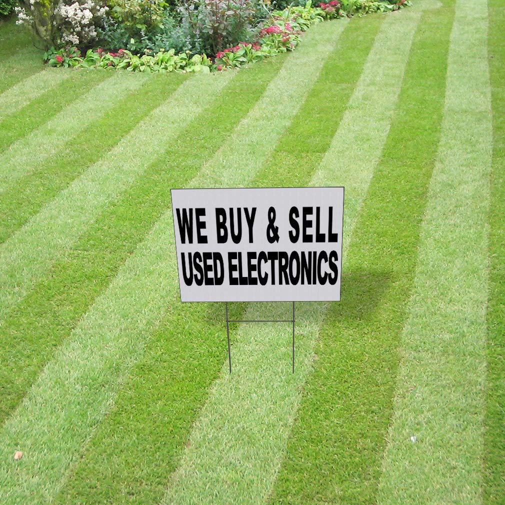 We Buy Used Electronics - Weatherproof 18x12 Inch Double-Sided Black Yard Sign for Lawn & Garden - Perfect for Garage Sales, Flea Markets & Electronics Stores