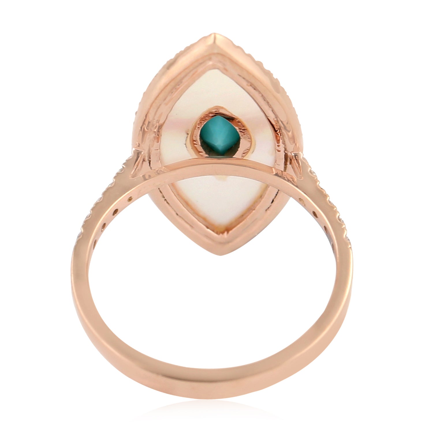 14K Rose Gold Marquise Cut Turquoise Fancy Cut MOP Pave Diamond Long Ring for Women - Elegant Statement Jewelry for Weddings, Parties & Special Occasions