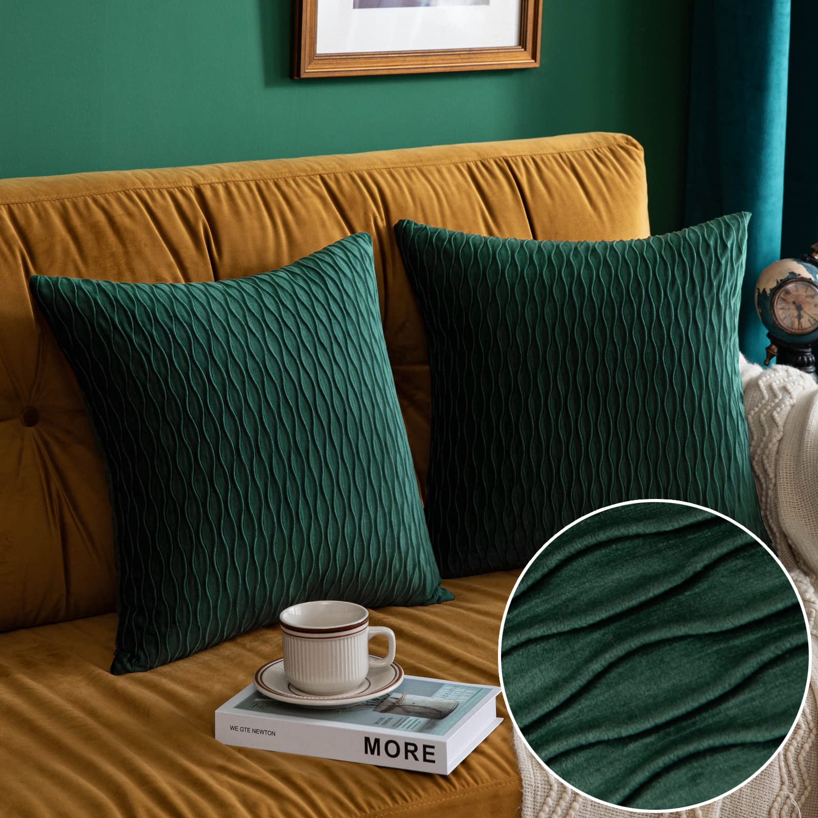 MIULEE Pack of 2 Velvet Striped Throw Pillow Covers 18x18 Inch - Soft Decorative Cushion Cases for Sofa, Couch & Bedroom in Army Green | Christmas Home Decor & Cozy Living Room Accent