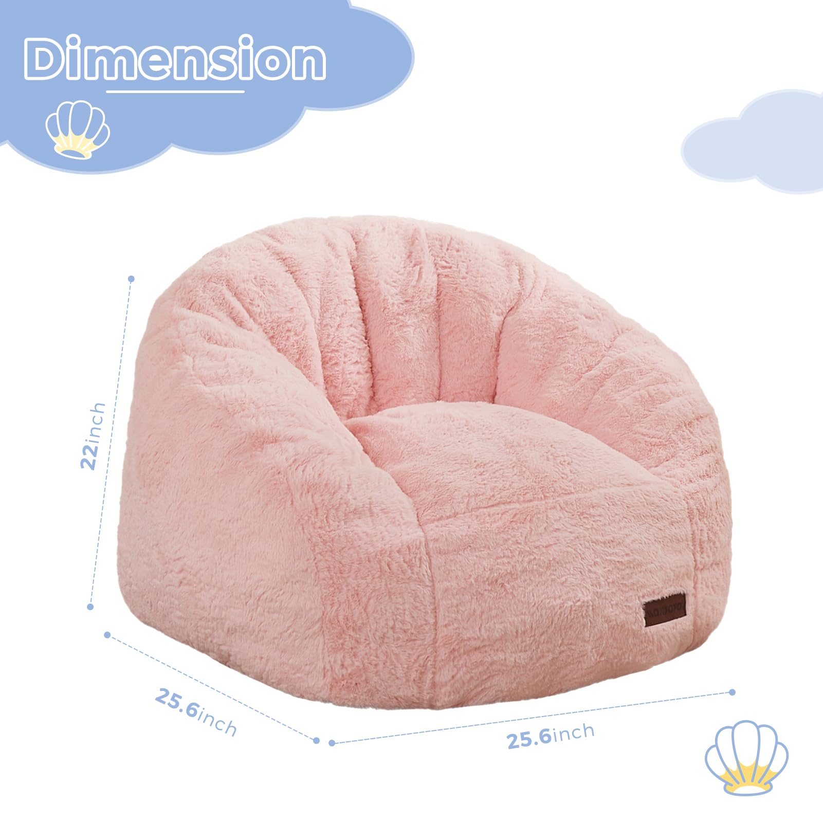 MAXYOYO Kids Bean Bag Chair - Shell Shaped Bean Bag Couch for Boys & Girls, Pink - Perfect for Playroom, Bedroom, Reading Nook & Relaxation