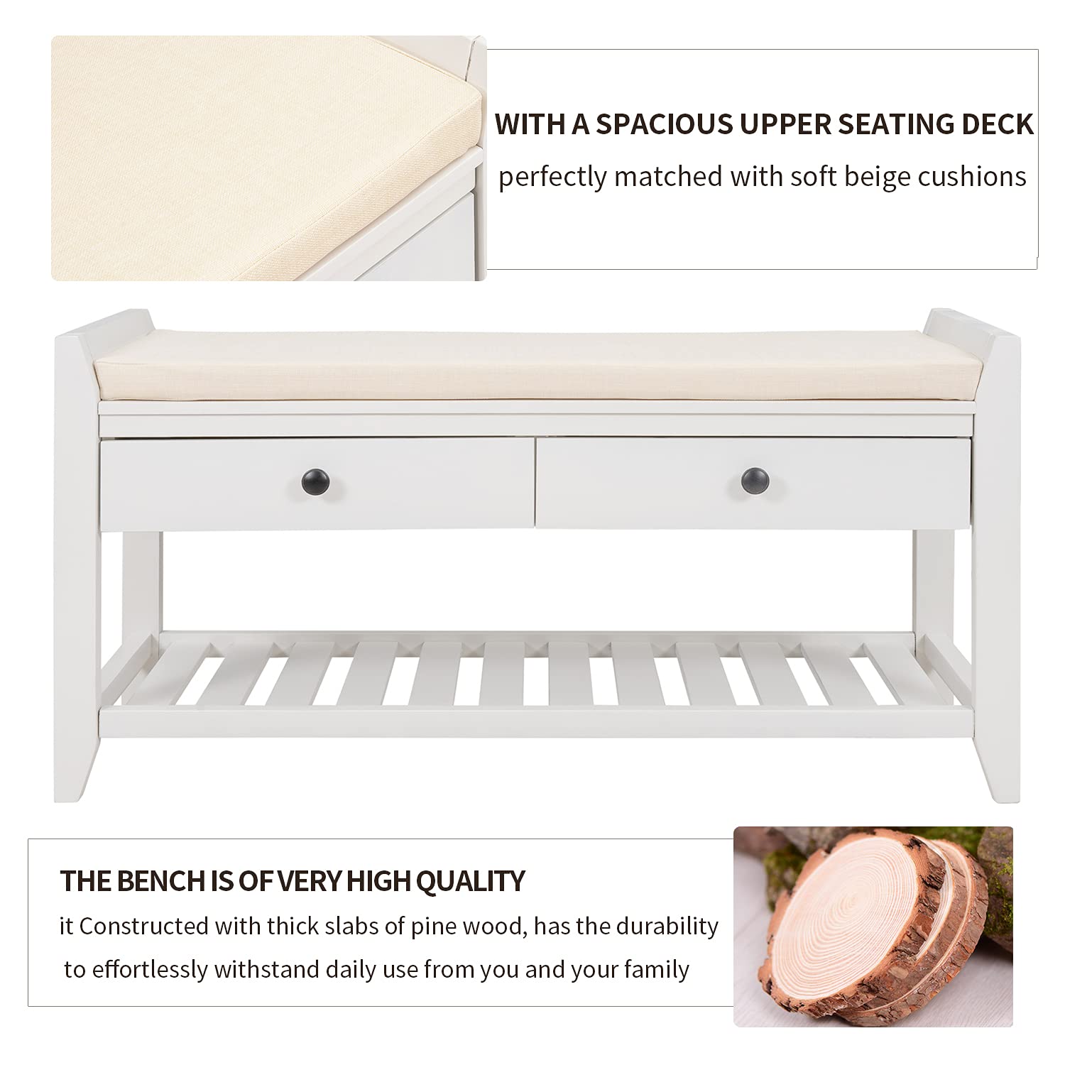 Multipurpose Storage Bench with Cushioned Seat & Drawers - White Entryway Shoe Rack Organizer for Hallway, Bedroom, or Mudroom Storage Solution
