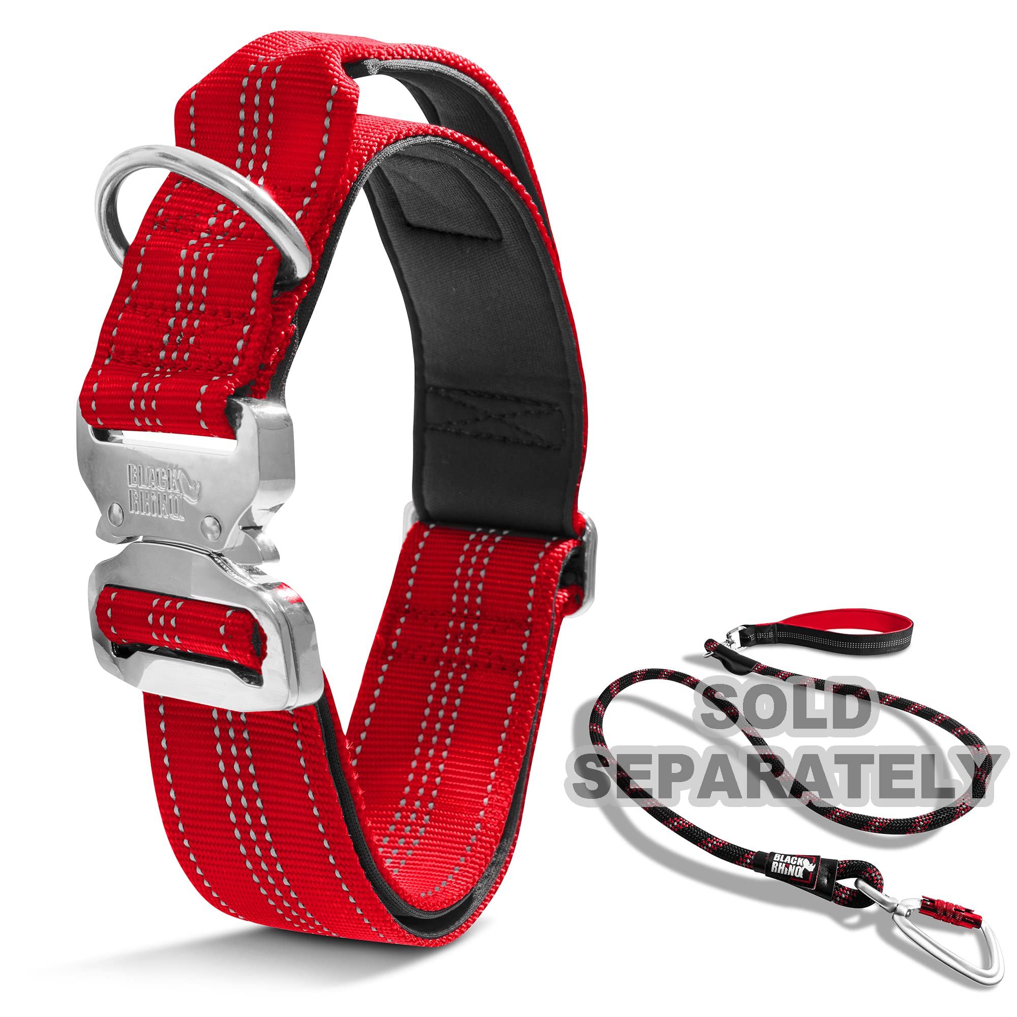 Black Rhino - Heavy Duty Tactical Dog Collar with Ultra-Soft Neoprene Padding for Medium, Large & XL Dogs | Durable Metal Buckle | Padded Handle for Training & Walking | Perfect for Outdoor Adventures, Hiking & Security (Large, Red)