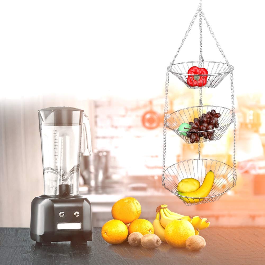 Jerliflyer 3-Tier Stainless Steel Hanging Kitchen Basket Organizer for Vegetables, Fruits, Flowers & Plants - Space-Saving Storage Solution for Pantry, Countertop, or Wall Mount