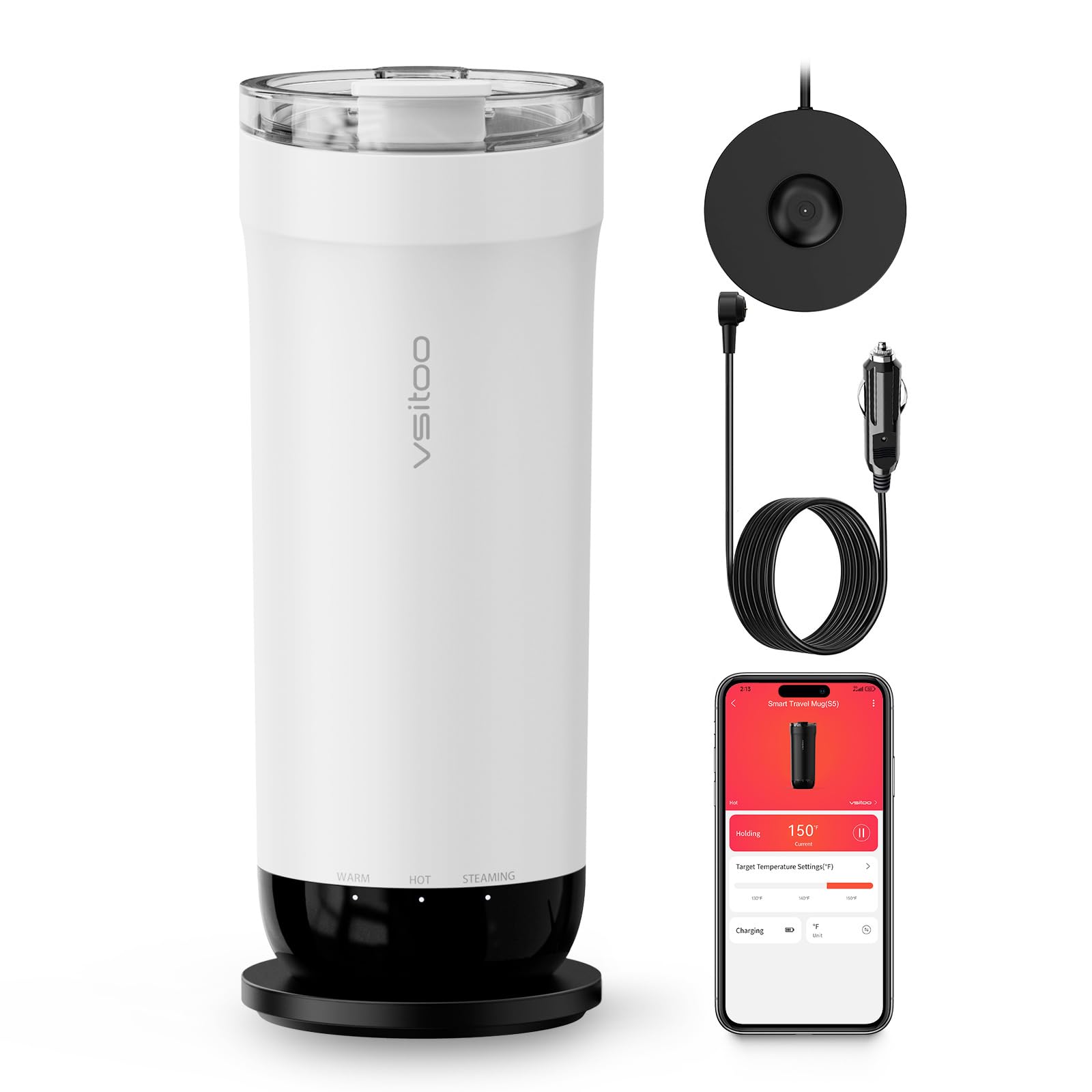 VSITOO Smart Temperature Control Travel Coffee Mug - 15 oz White, APP Controlled Heated Coffee Warmer, Rechargeable & Battery Powered with LED Light - Perfect for Office, Commuting & Outdoor Adventures