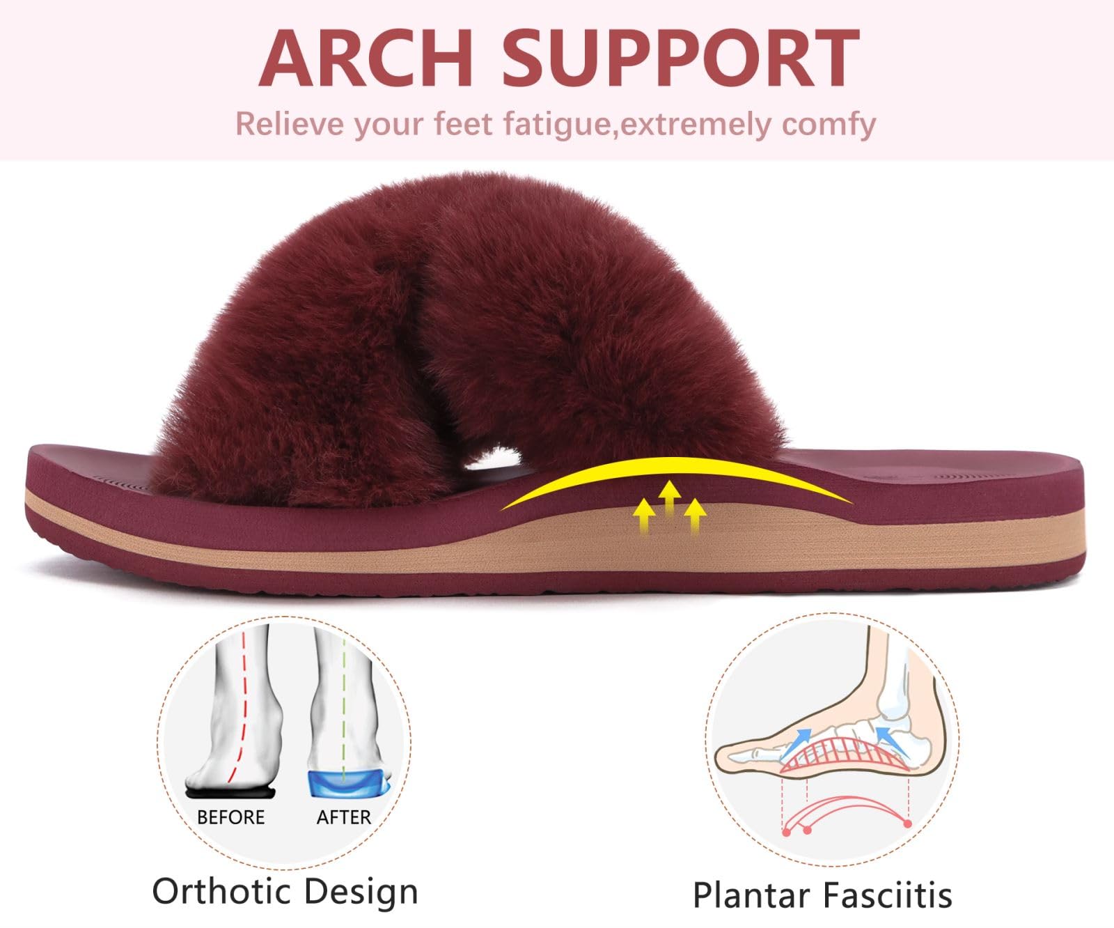 COFACE Women's Fuzzy Slides - Fluffy Faux Fur House Slippers with Arch Support, Open Toe Sandals for Indoor/Outdoor Use - Perfect for Yoga, Lounging & Home Comfort