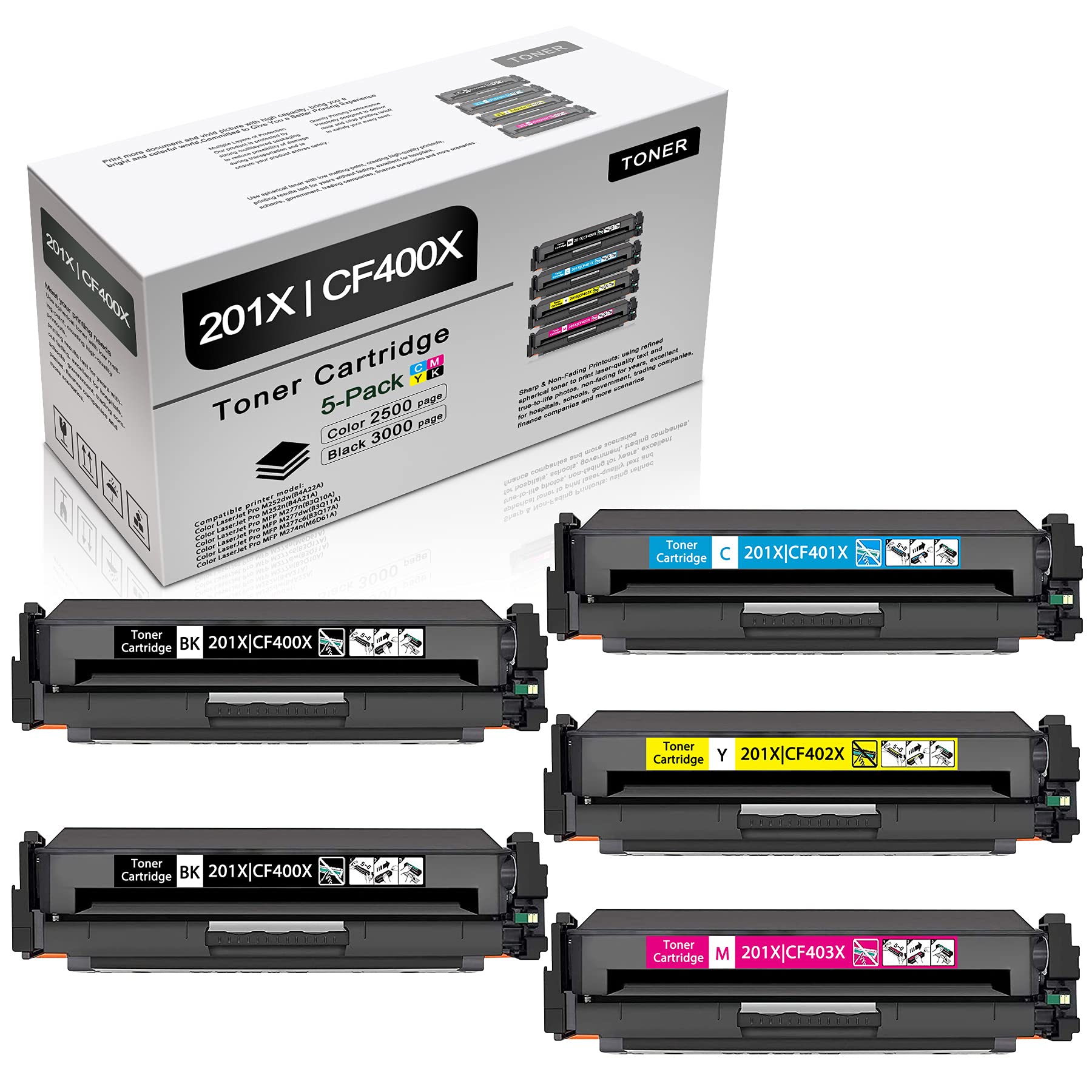 5-Pack (BK/C/Y/M) High-Quality Compatible Toner Cartridge Replacement for HP Color Pro MFP M277dw M277c6 M252dw M252n M274n Printers - Perfect for Home & Office Printing Needs