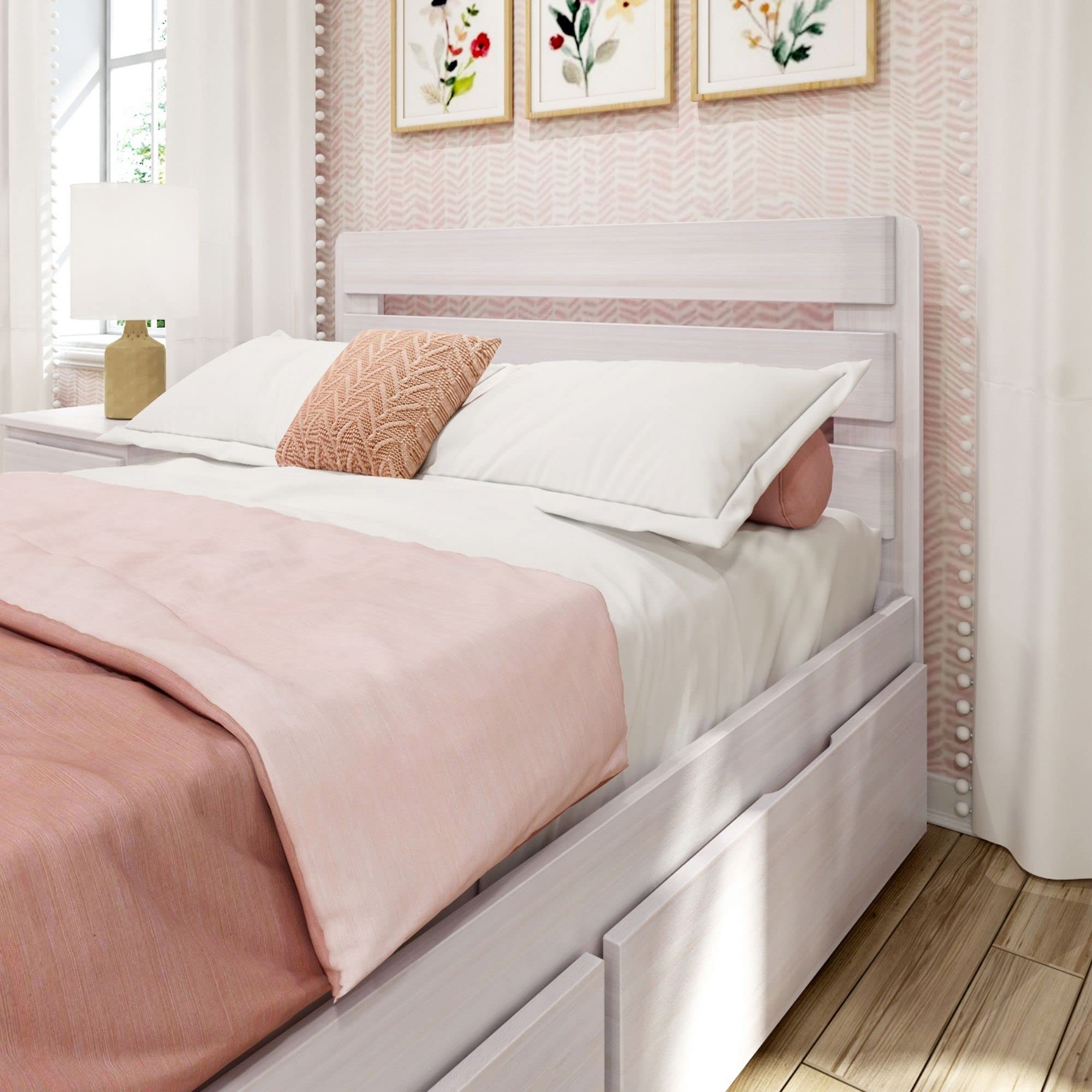 Modern Farmhouse Full Bed with Plank Headboard & Storage Drawers - White Wash Finish | Rustic Bedroom Furniture for Kids, Teens & Guest Rooms | Durable Solid Wood Frame for Cozy Home Decor