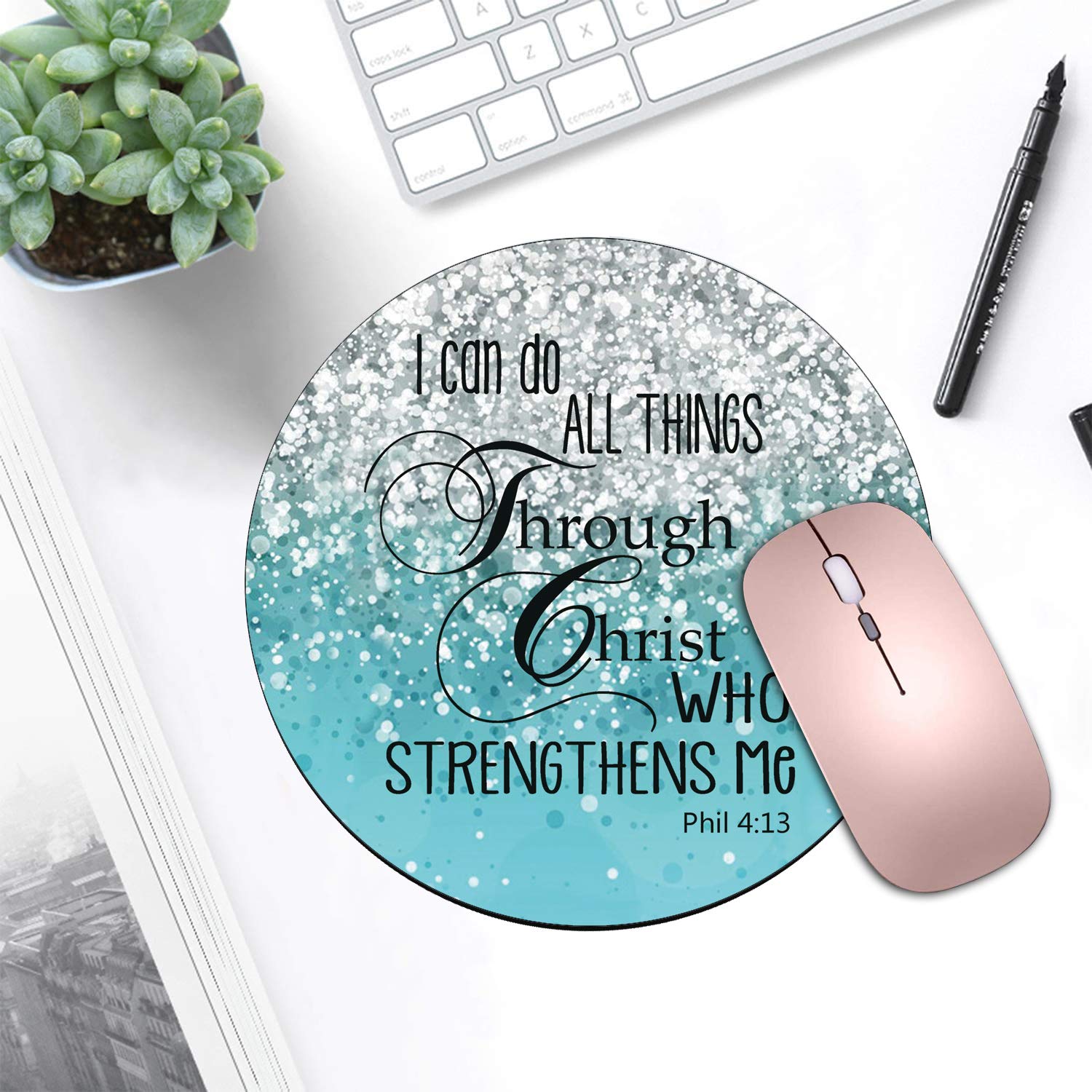 Blue Glitter Round Mouse Pad & Coasters Set with Inspirational Bible Verse (Philippians 4:13) - Non-Slip Rubber Base for Laptop, Computer, Office & Gaming Setup - Perfect for Work, Study & Home Decor