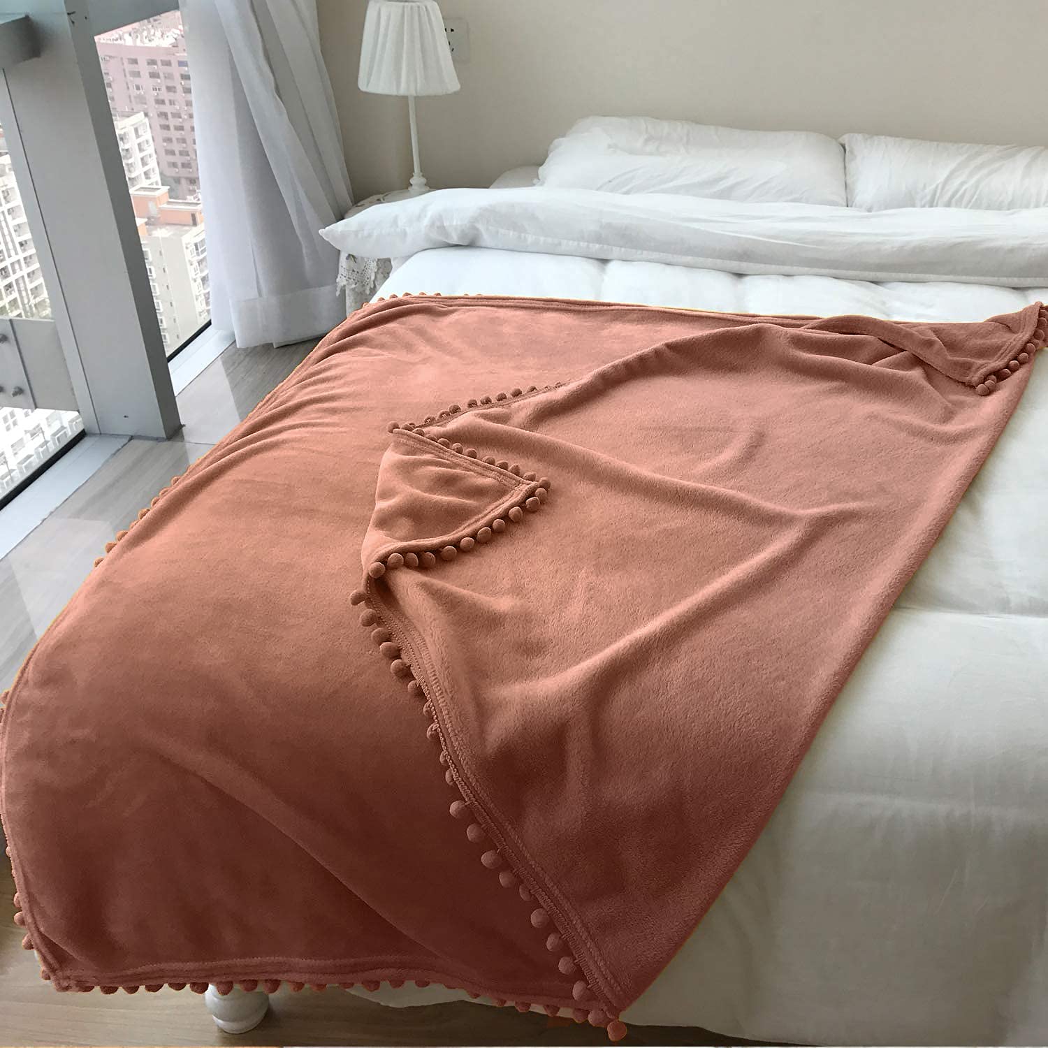 LOMAO Soft Flannel Blanket with Pompom Fringe - Lightweight Cozy Throw Blanket for Bed, Couch & Sofa - All Season Warm Fleece Blanket (Caramel, 60