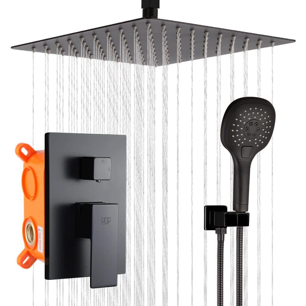 Premium Matte Black Ceiling Mount Shower Faucet Set - 10 Inch Rainfall Shower Head with Handheld Spray, Single Handle Trim Kit & Rough-in Valve Body - Perfect for Modern Bathroom Renovation & Spa-Like Shower Experience