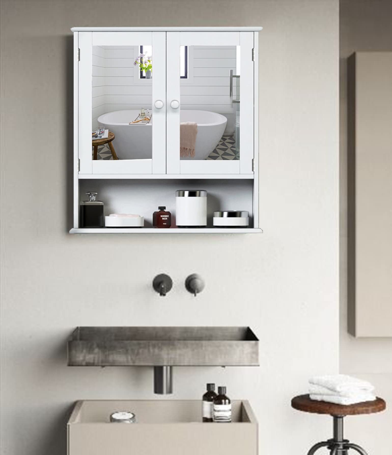 White Wooden Wall Cabinet with Double Mirror Doors - Adjustable Shelf Bathroom Medicine Cabinet for Storage, Laundry Room & Kitchen - Perfect for Organizing Toiletries, Cleaning Supplies & Kitchen Essentials