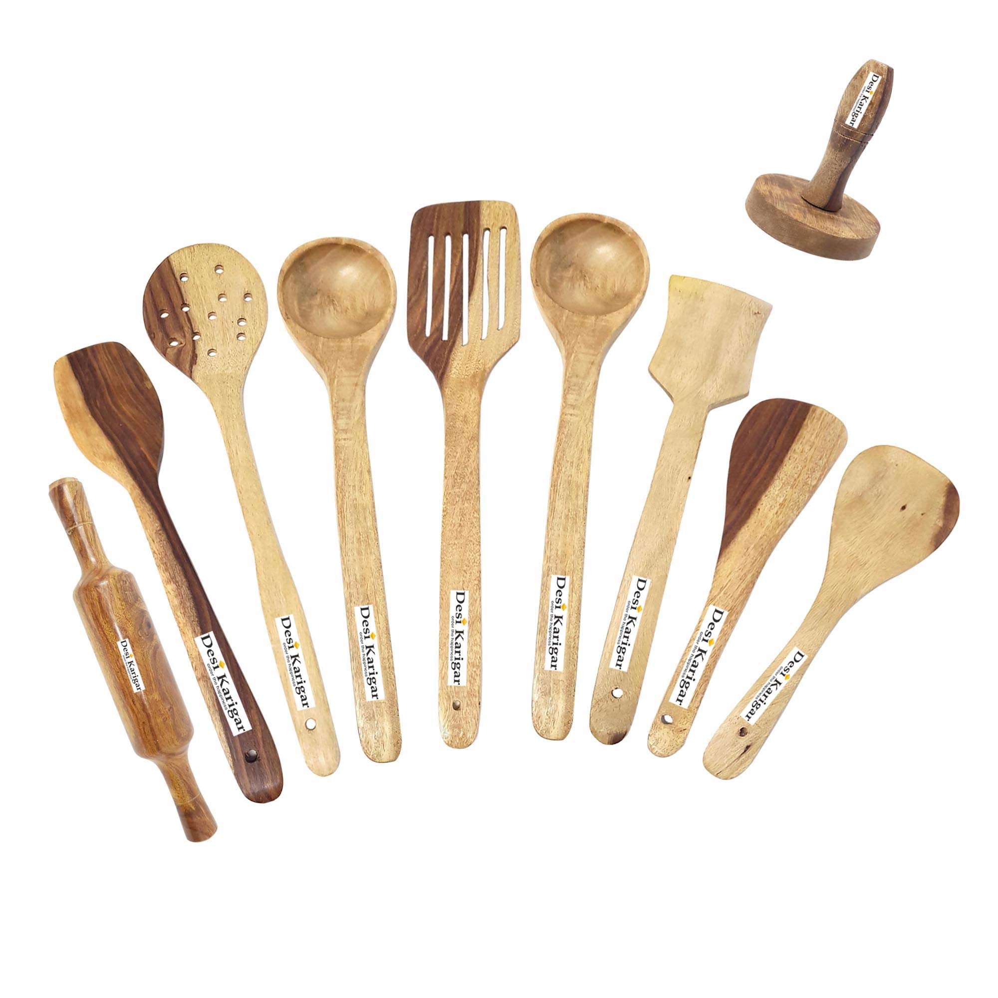 Premium Wooden Ladle Set - 8 Ladles, 1 Masher & 1 Rolling Pin for Cooking & Baking | Handcrafted Kitchen Utensils for Indian Cuisine, Mixing, Dough Kneading & Serving | Ideal for Home Chefs & Traditional Cooking
