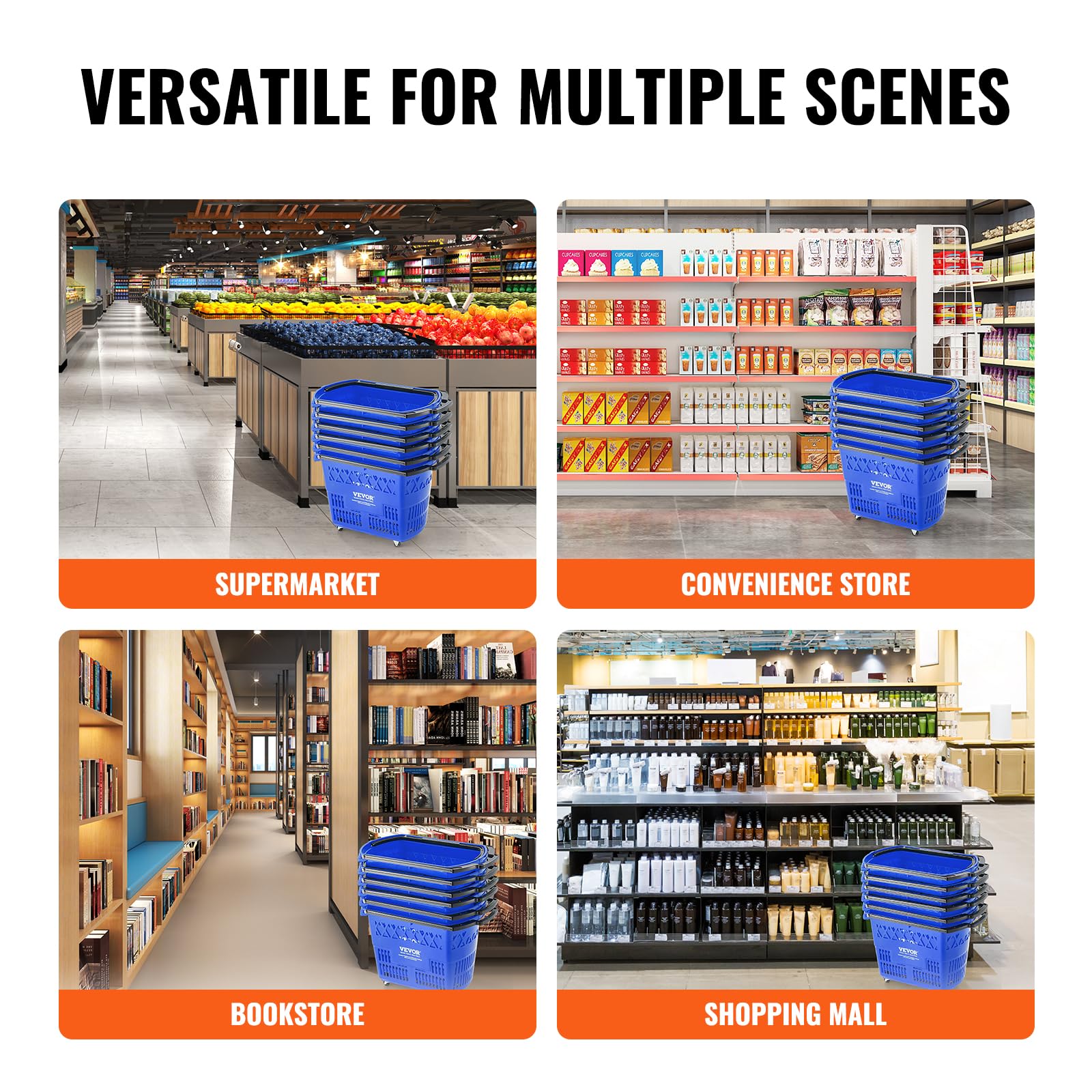 VEVOR 6-Piece 39L Rolling Shopping Baskets with Handles & Wheels - Large Plastic Shopping Cart for Supermarkets, Retail Stores & Grocery Shopping - Portable & Durable for Home, Office & Commercial Use (Blue)