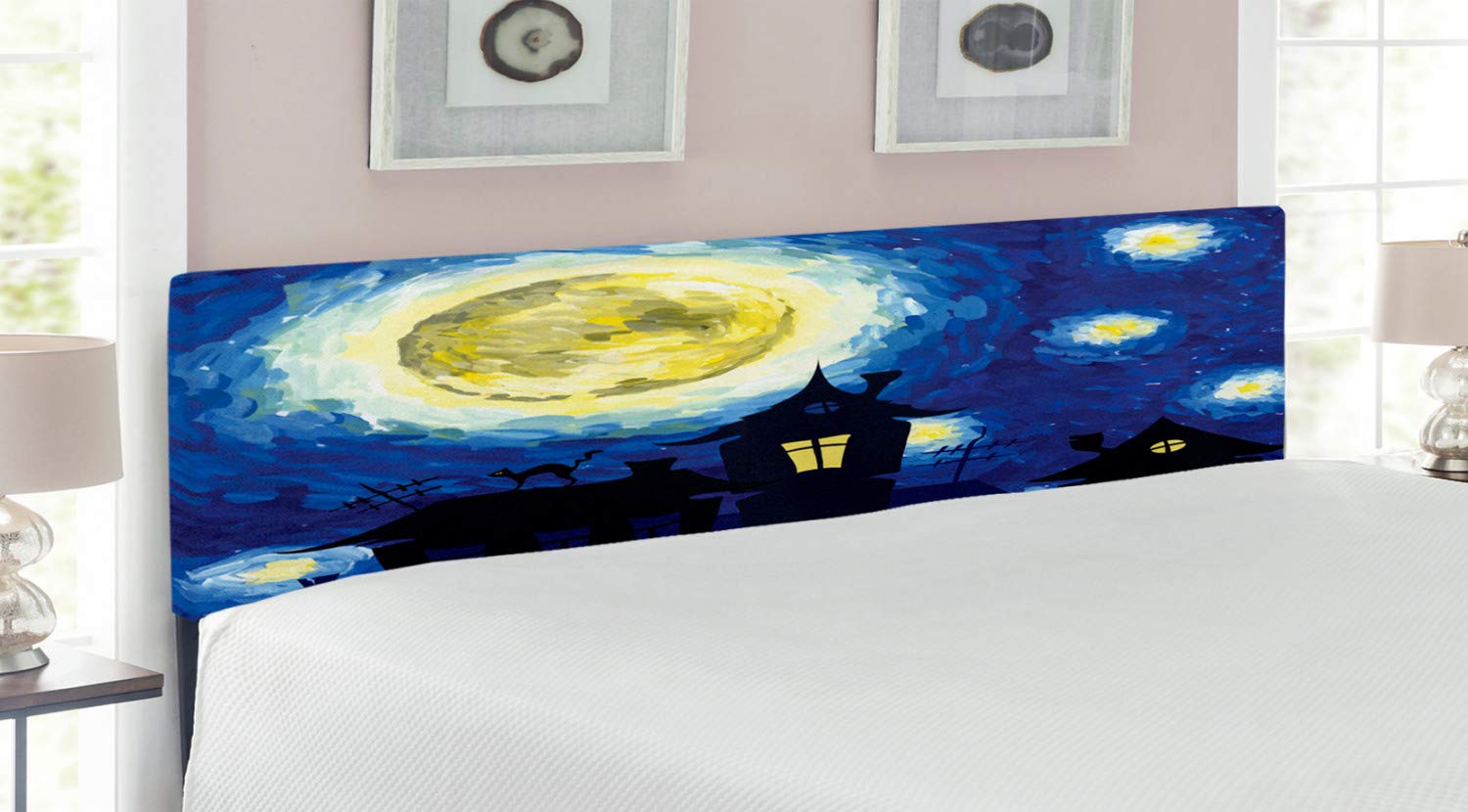Ambesonne Moon Headboard - Hand Drawn Country Houses & Full Moon Design, Upholstered Metal Bed Headboard with Memory Foam, King Size, Dark Blue Black Yellow - Perfect for Bedroom Decor & Cozy Country Style Homes