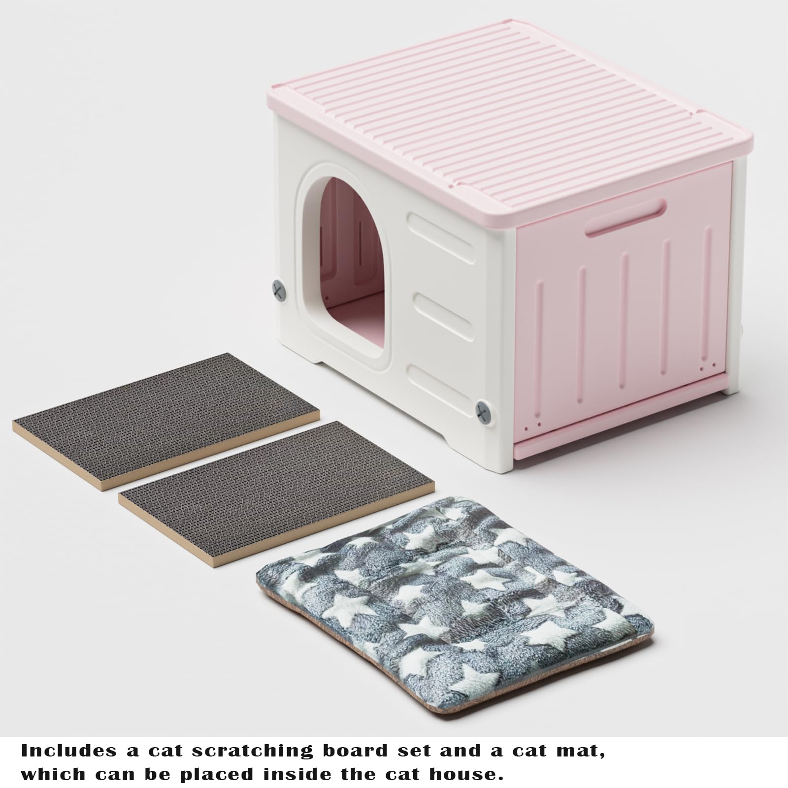 **Waterproof Stackable Cat House for Indoor & Outdoor Use - Winter Weatherproof Shelter with Scratching Board & Cushion (Pink) - Perfect for Feral Cats, Pet Beds & Cozy Hideaways**
