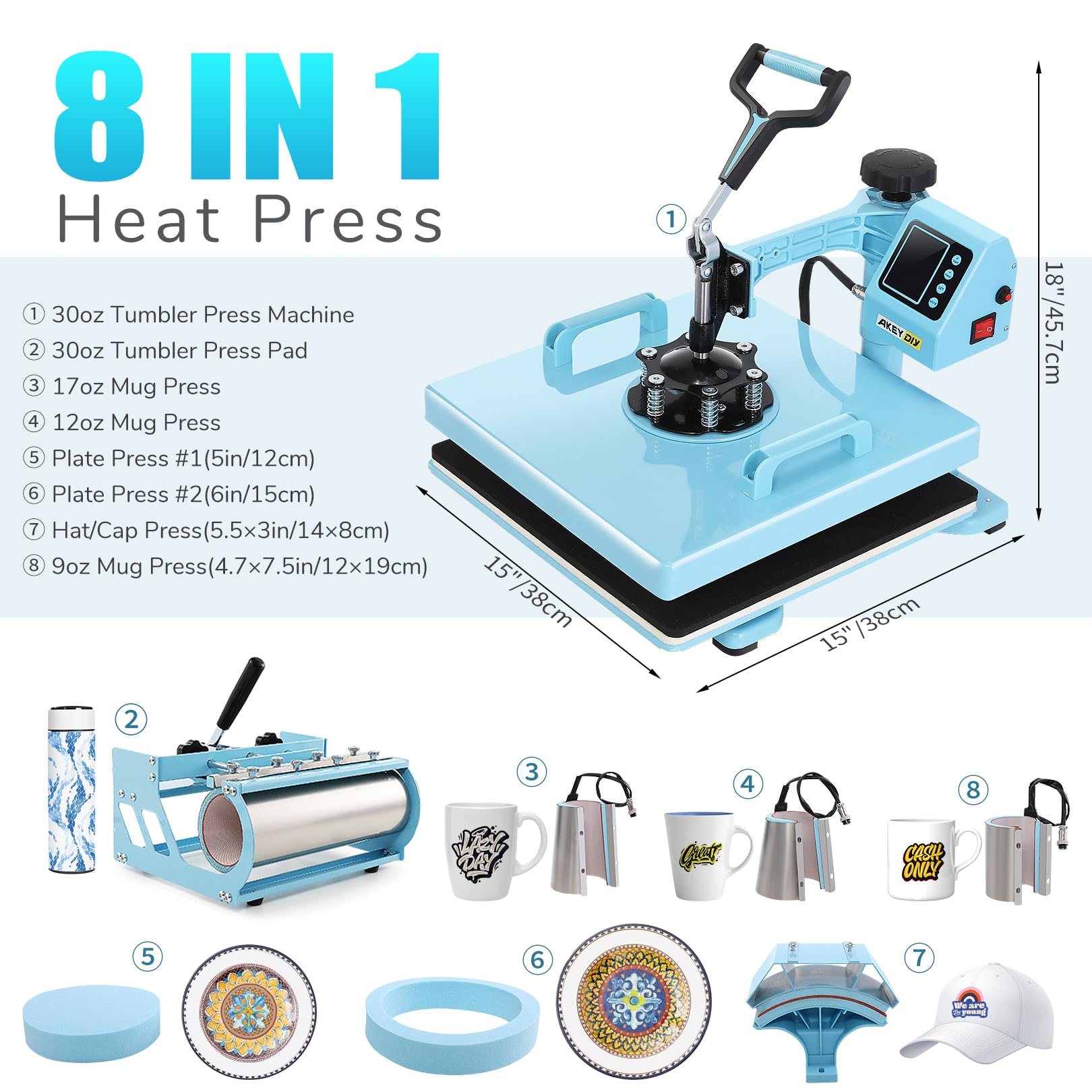 8 in 1 Heat Press Machine Kit - 15x15 Inch Multifunction Combo with 9-30oz Tumbler Press, Hat Press & Flat Press | Perfect for DIY Heat Transfer Vinyl Projects, Beginners & Entrepreneurs | Great for T-Shirts, Mugs, Hats & Home Business