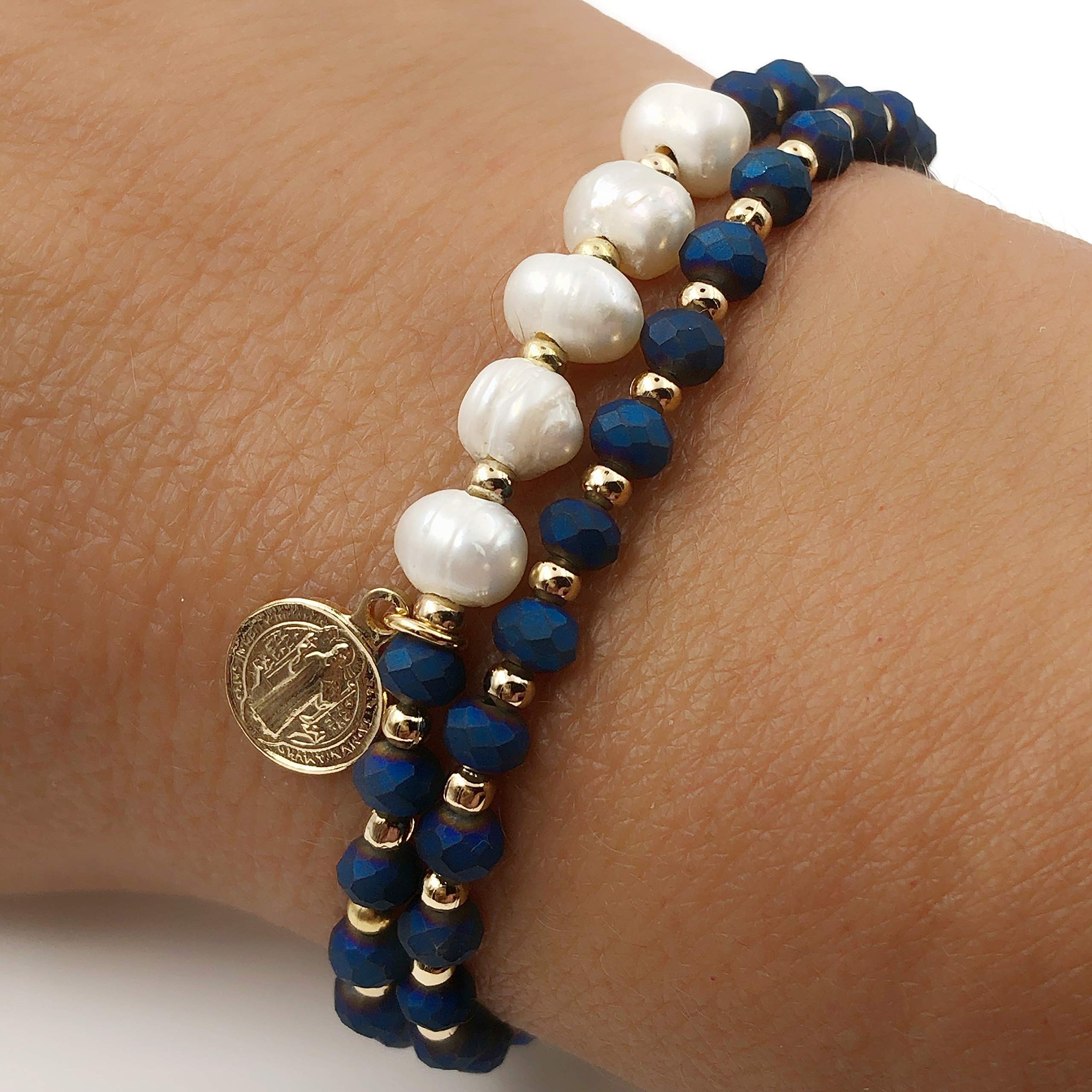 St. Benedict Medal Adjustable Handmade Bracelet Set for Women - 2 Pack Blue Beaded Spiritual Jewelry | Gift for Baptism, Confirmation & Daily Wear