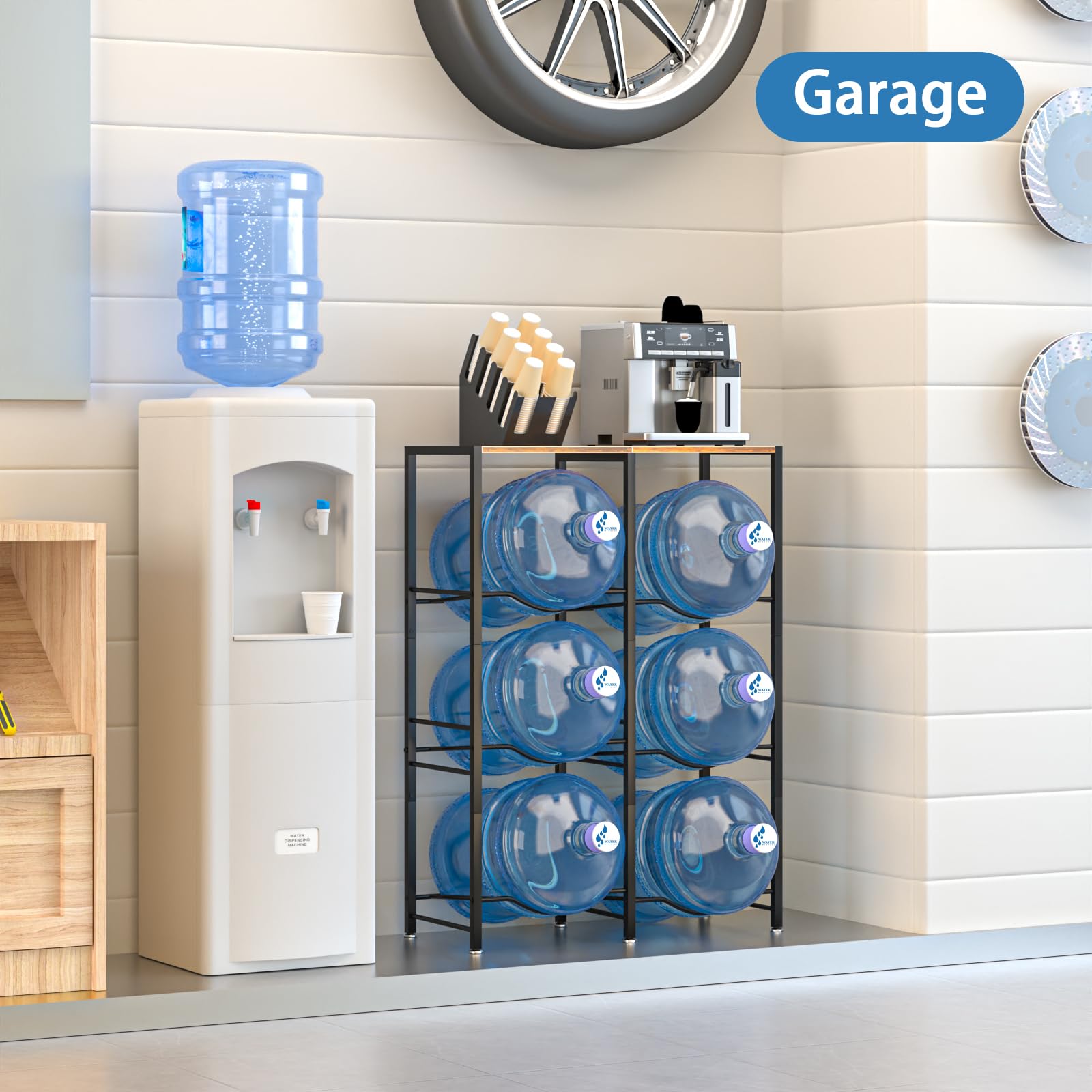 5 Gallon Water Jug Holder with Storage Rack - 3-Tier Water Dispenser Stand for Kitchen, Office, Living Room - Sturdy Brown Water Bottle Organizer for Home & Commercial Use