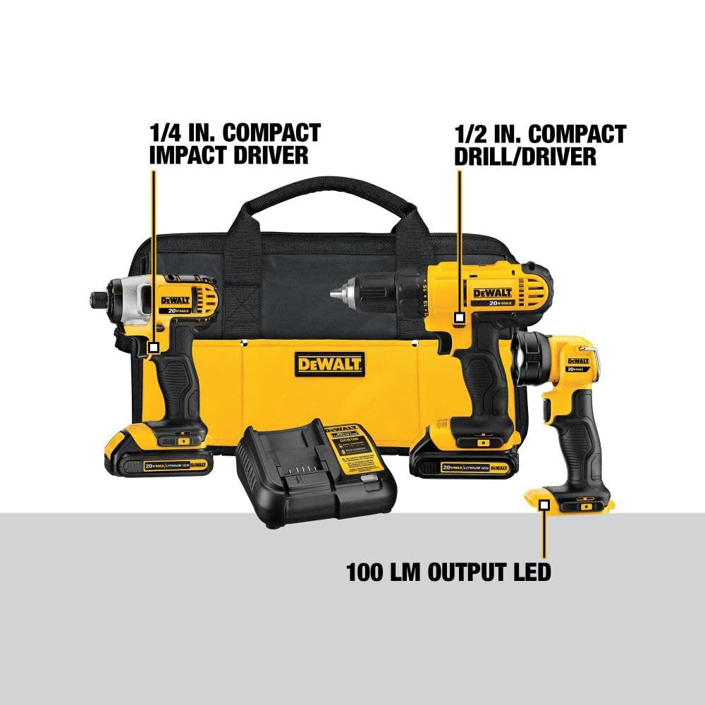DEWALT 20V MAX Cordless Drill/Driver Kit with LED Work Light - 3-Tool Combo Set Includes 2 Batteries & Charger (DCK340C2) - Perfect for DIY Projects, Home Repairs & Professional Construction Work